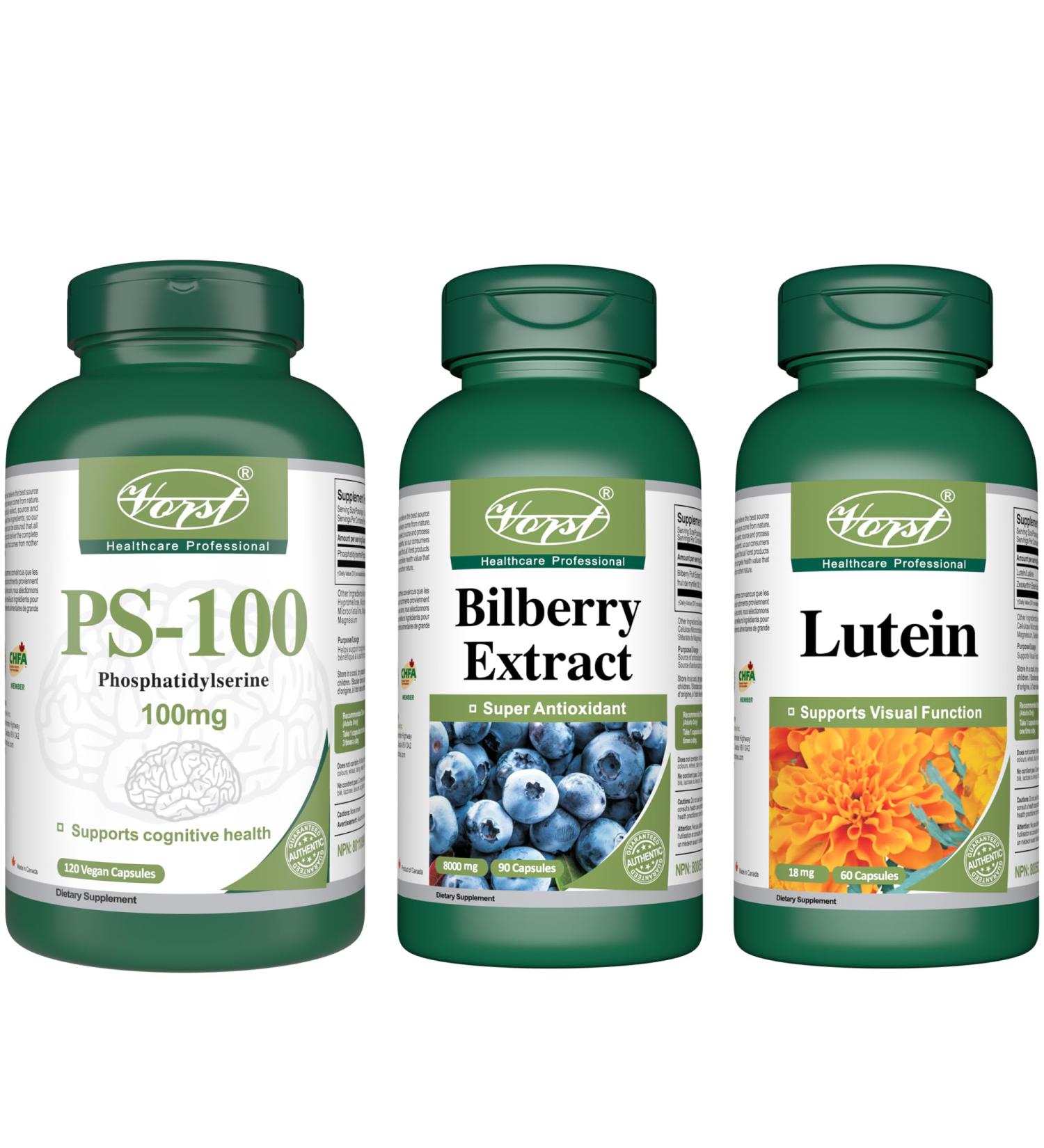 VORST Phosphatidylserine 100mg 120 Vegan Capsules (PS-100) and Bilberry Extract 90 Capsules and Lutein 60 Capsules | Cognitive and Vision Health Supplements | (Combo Bundle 3 Bottles) - Buy Online on GoSupps.com