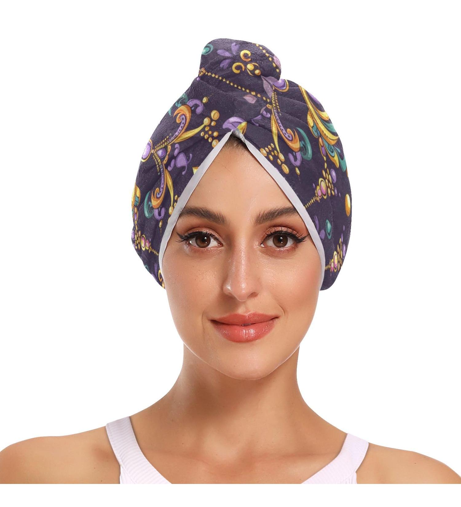 Super Absorbent Hair Drying Towel - 2 Pack Flower Beads Turbans for Quick Drying - Women's Hair Wraps with Button Twist - Buy Online on GoSupps.com