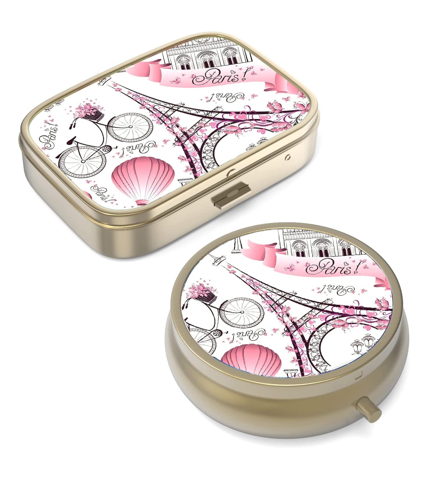 Retro Small Pill Box with Mirror - 2 Piece Bronze Travel Pill Containers for Vitamins & Supplements - Eiffel Tower Design - Buy Online on GoSupps.com