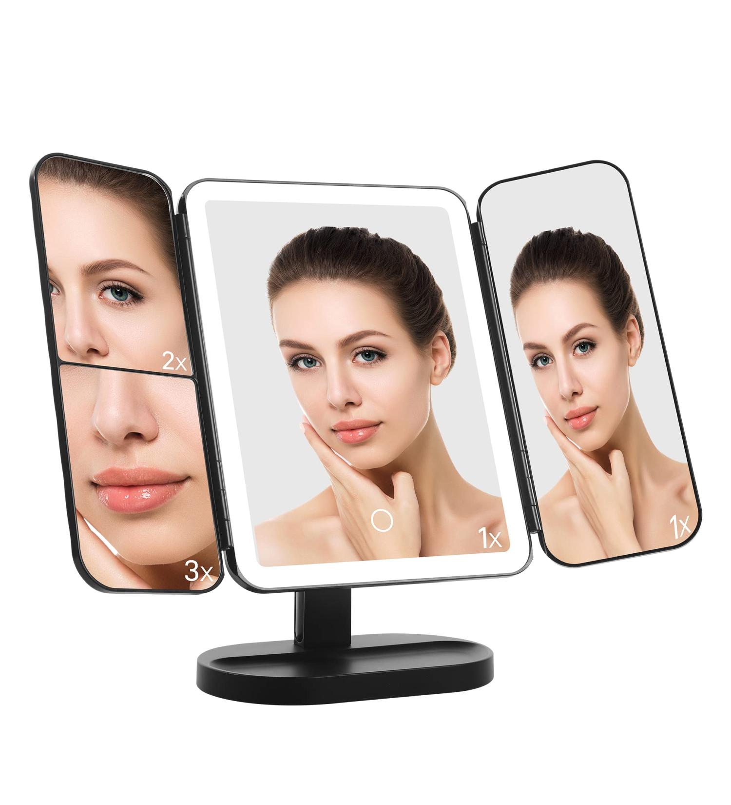 helloleiboo Tri-Fold Vanity Makeup Mirror - Touch Screen, 1x/2x/3x Magnification, Rechargeable with Lights - Perfect Gift for Women (Black) - Buy Online on GoSupps.com