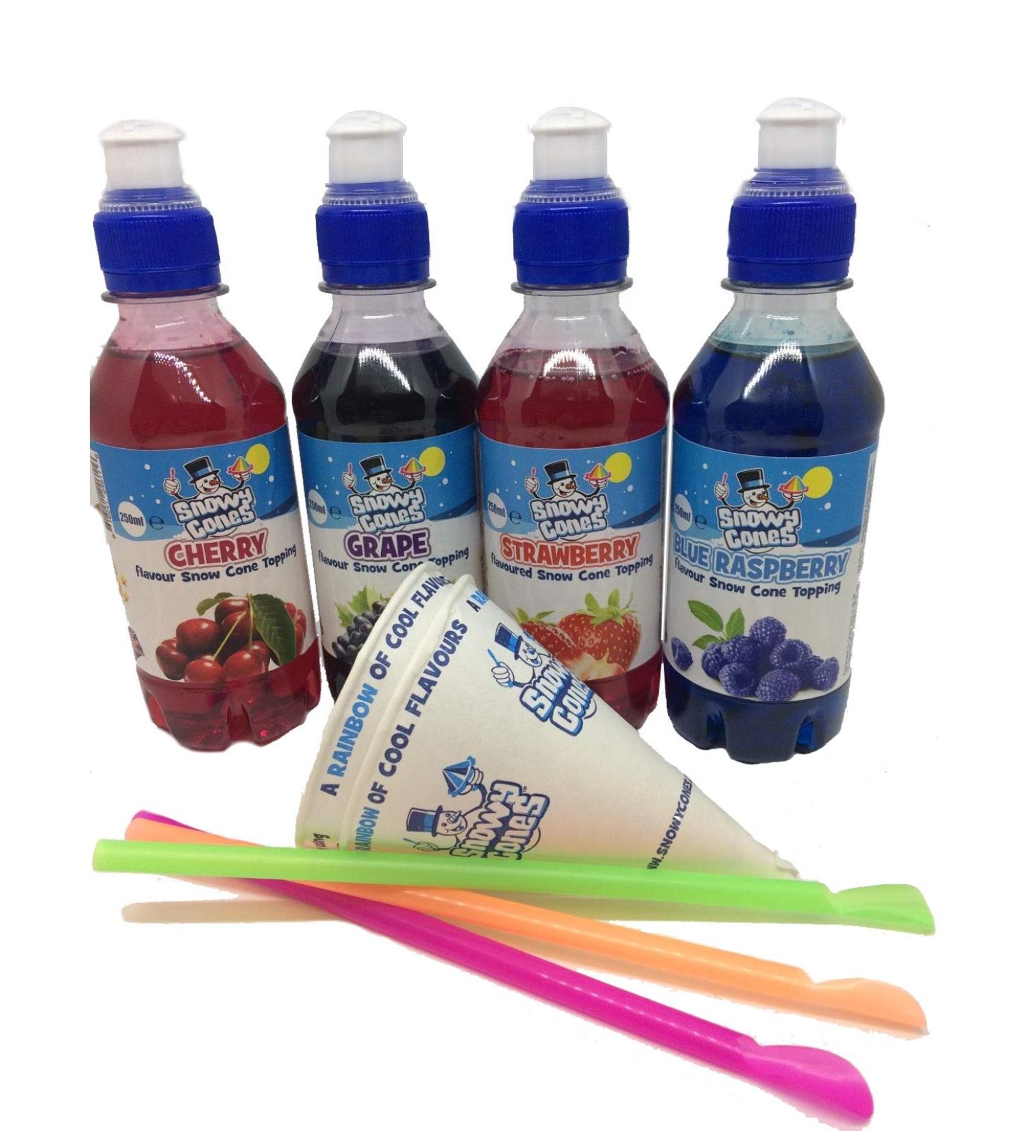 Snowycones | Syrup for Snow Cones and Shaved Ice | Not Slush | 250 ml 4-Piece (Blue Raspberry Strawberry Grape Cherry )