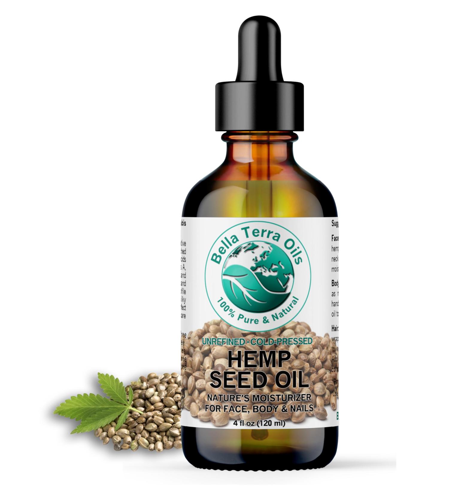 Bella Terra Oils - Hemp Seed Oil 4 oz - Dive into the World of Linoleic Acid & Alpha-Linolenic Acid Packed with Essential Vitamins Perfect for Cosmetic Elixirs 4 Ounce - Buy Online on GoSupps.com