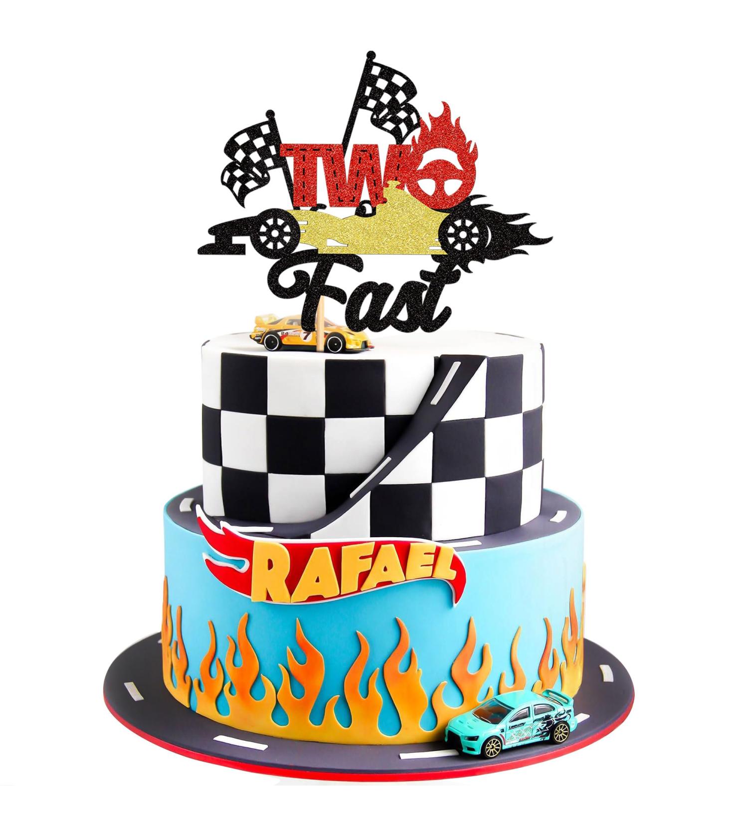 Cyodoos 1Pcs Two Fast Cake Topper Race Car Cake Decoration Racing Car Theme Race Car Theme 2nd Birthday Party Decoration Boy Girl Second Birthday Flag Sign Supplies - Buy Online on GoSupps.com