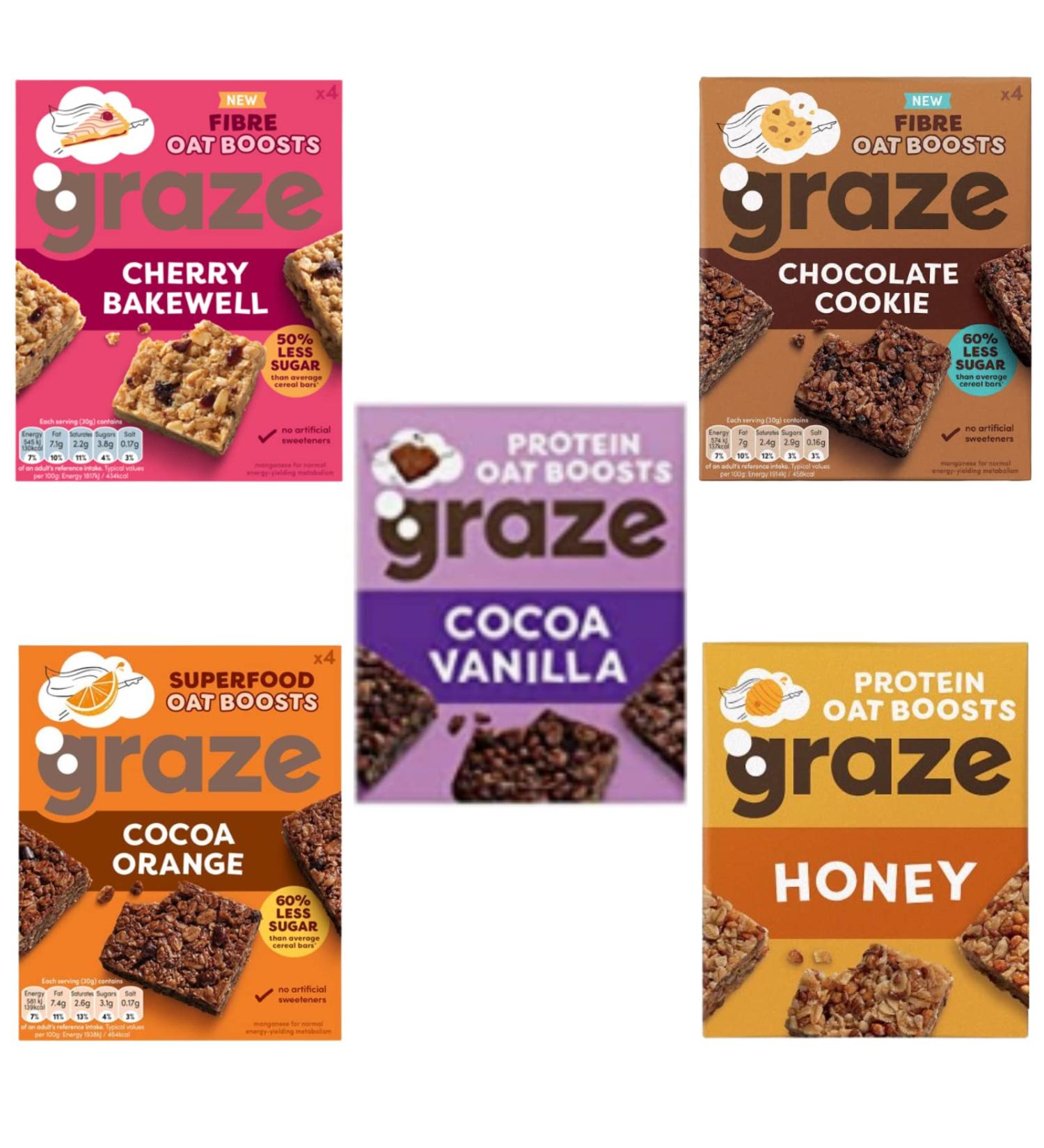Graze Protein Oat Bars Healthy Snacks Whole Grain Oats Natural Flavours High Fibre Less Sugar (20 Snacks 5 Packs of 4 x 30g) - Buy Online on GoSupps.com