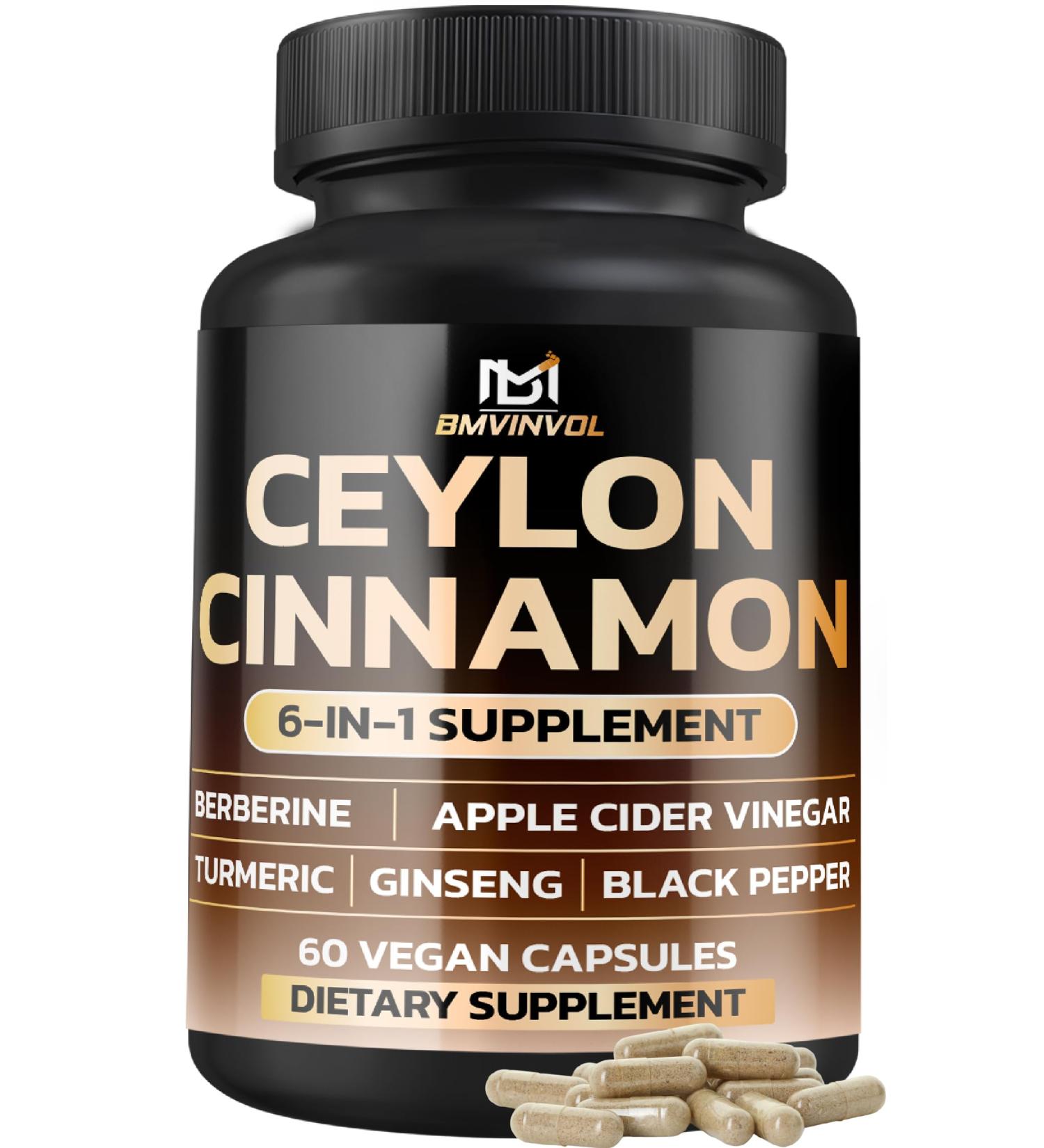 Ceylon Cinnamon Capsules with Berberine HCl Supplement - Panax Ginseng Apple Cider Vinegar Turmeric Curcumin - Support Immunity & Energy Production - 60 Capsules - 2 Month Supply - Buy Online on GoSupps.com