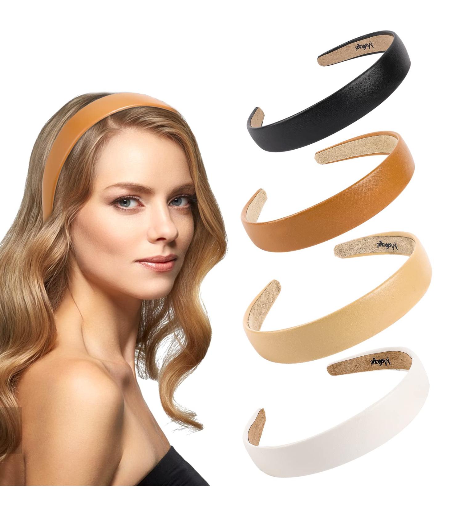 Vin Beauty 4 Pack Solid Leather Headbands for Women - 1 Wide Non-slip Headband - Elegant PU Hair Accessories in Dark Orange, Black, Beige, White - Buy Online on GoSupps.com