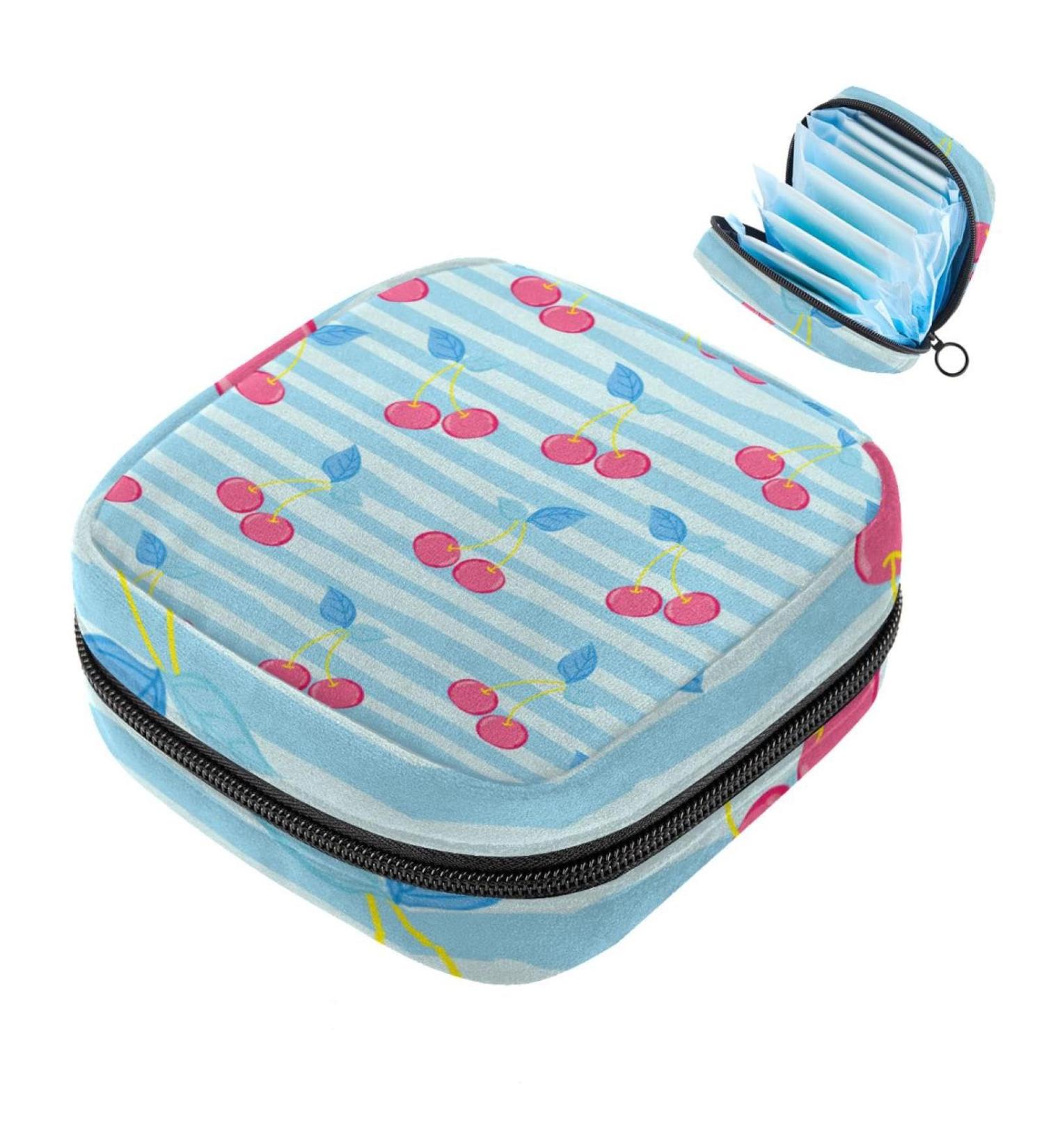 Portable Storage Bags for Women's Bandages & Menstrual Products - Red Cherries & Pastel Blue Stripes - Ideal for School & Office - Buy Online on GoSupps.com