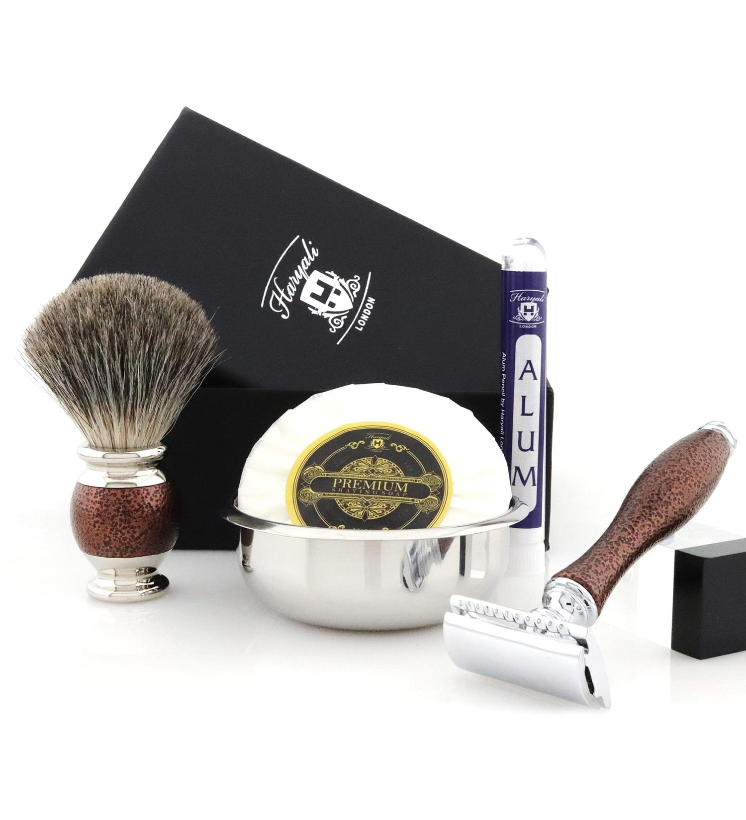 Haryali London 5 Pc Shaving Kit with Double Edge Safety Razor - Super Badger Brush, Soap, Bowl, Alum, Antique Maroon Shaving Set - Perfect Gift Set - Buy Online on GoSupps.com