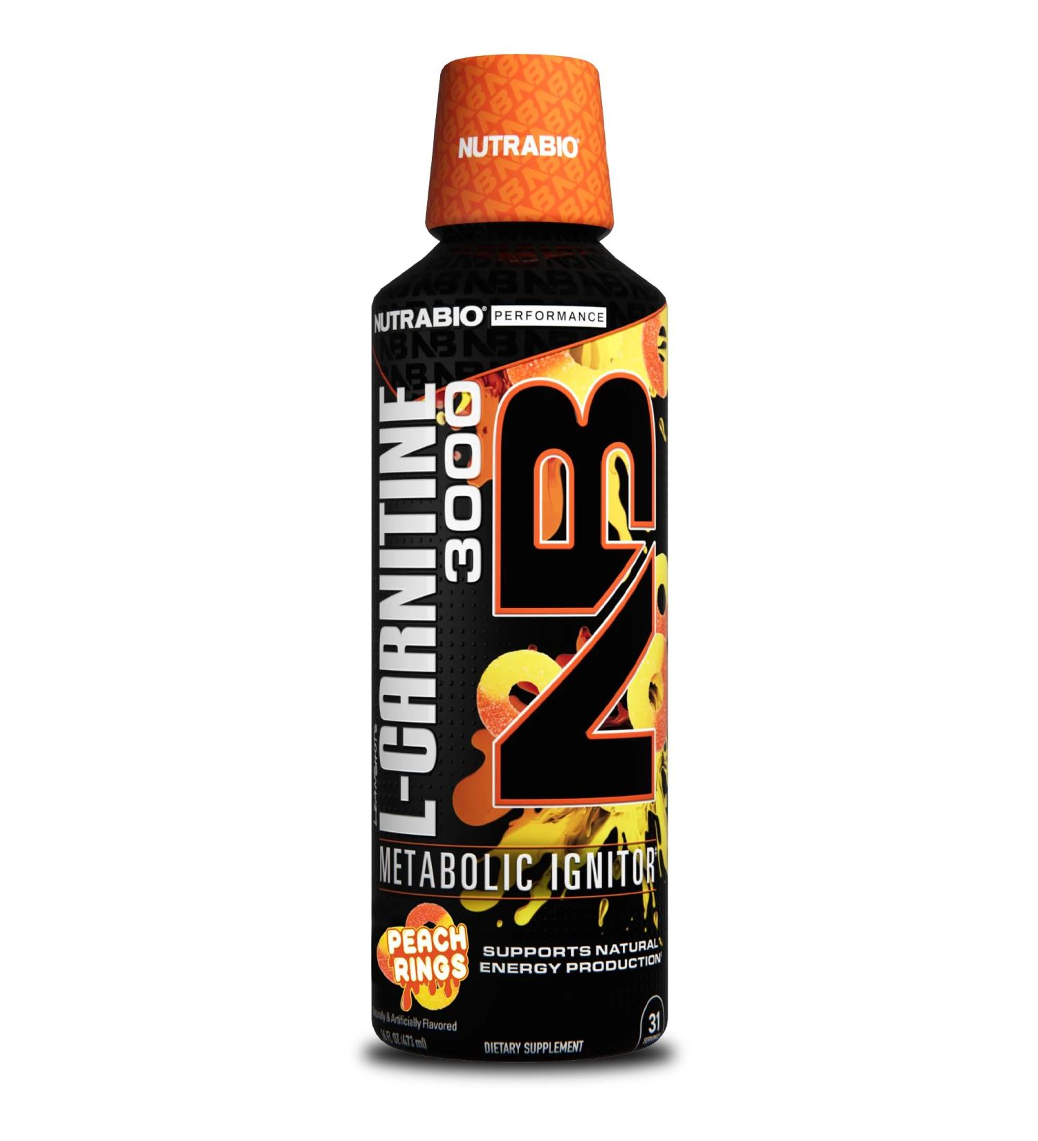 NutraBio L-Carnitine Liquid Shots 3000mg (Peach Rings) - Zero Carbs & Sugars Vitamin B-5 for Energy & Muscle Recovery - International Shipping Available - Buy Online on GoSupps.com