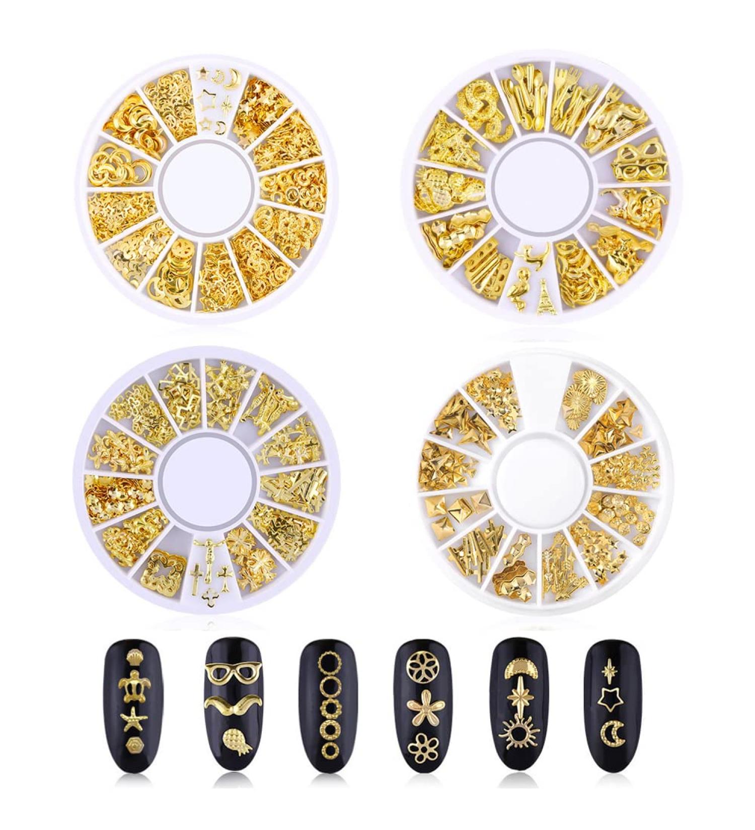 HUPOO Metal Nail Studs Kit - Silver/Rose Gold Star, Moon, Feather, Heart, Triangle, Square Rivet Gems - 3D Nail Art Jewelry Decoration (4 Boxes) - Buy Online on GoSupps.com