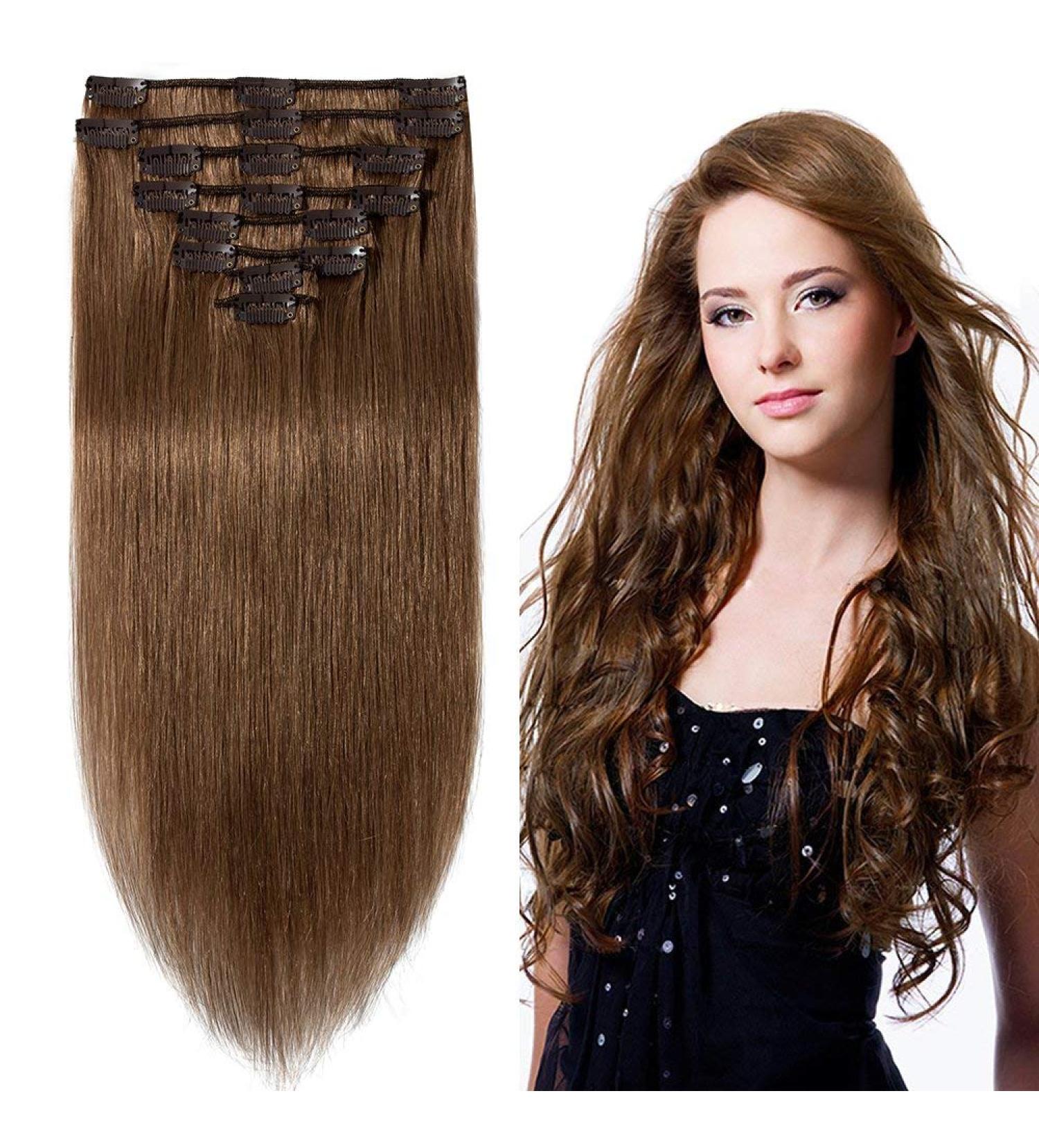 Elailite Standard Weft Hair Extensions - 20 Light Brown Remy Clip-In Human Hair - 8 Pieces Full Head, 105g - Buy Online on GoSupps.com
