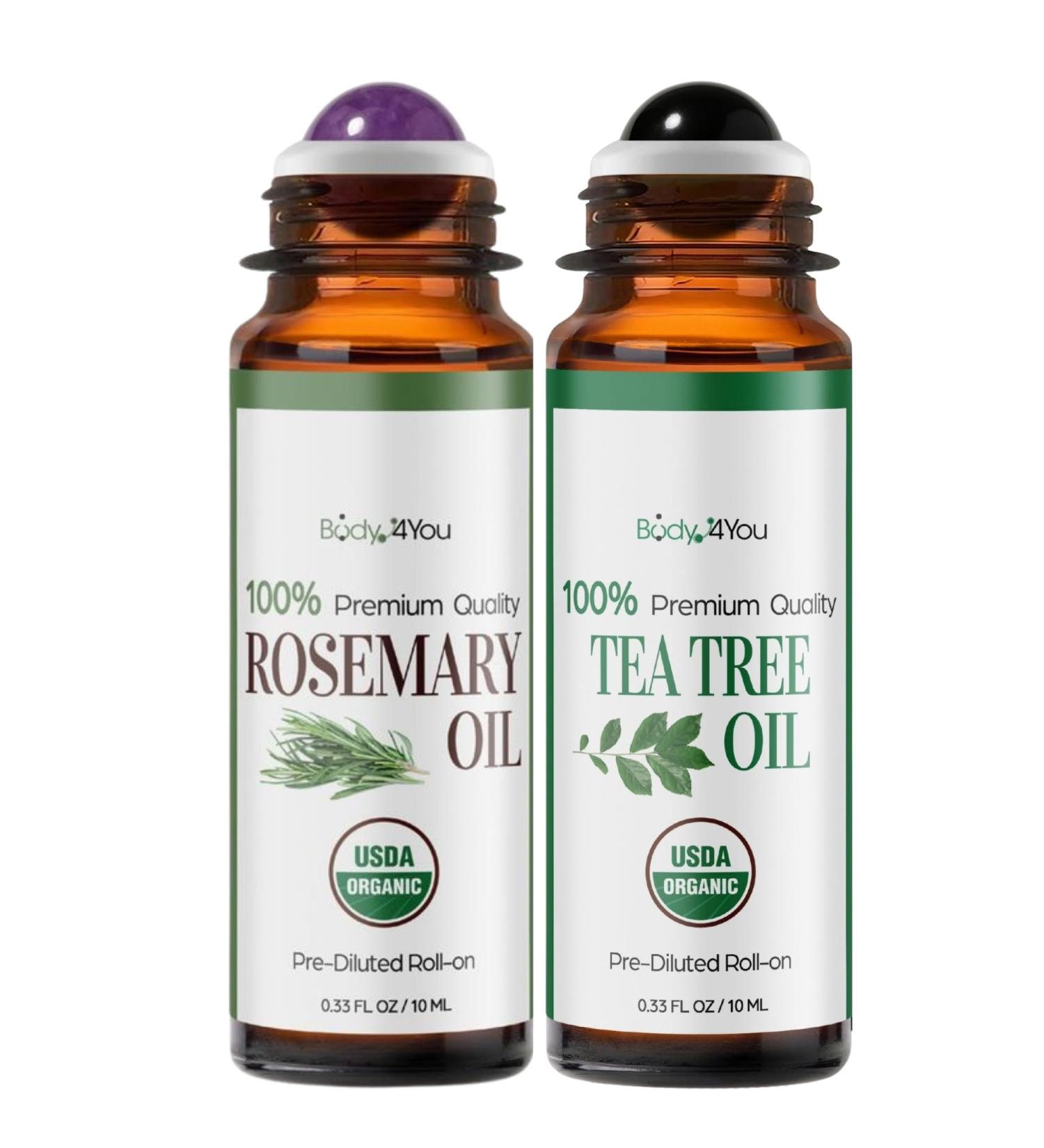 BodyJ4You Rosemary + Tea Tree Essential Oil Roll On Duo - 100% USDA Organic MCT Coconut Oil - Amethyst and Black Obsidian Stone Rollers - Scalp Spots Cuticles Feet - Amber Glass Bottles 2 x 10 ml - Buy Online on GoSupps.com