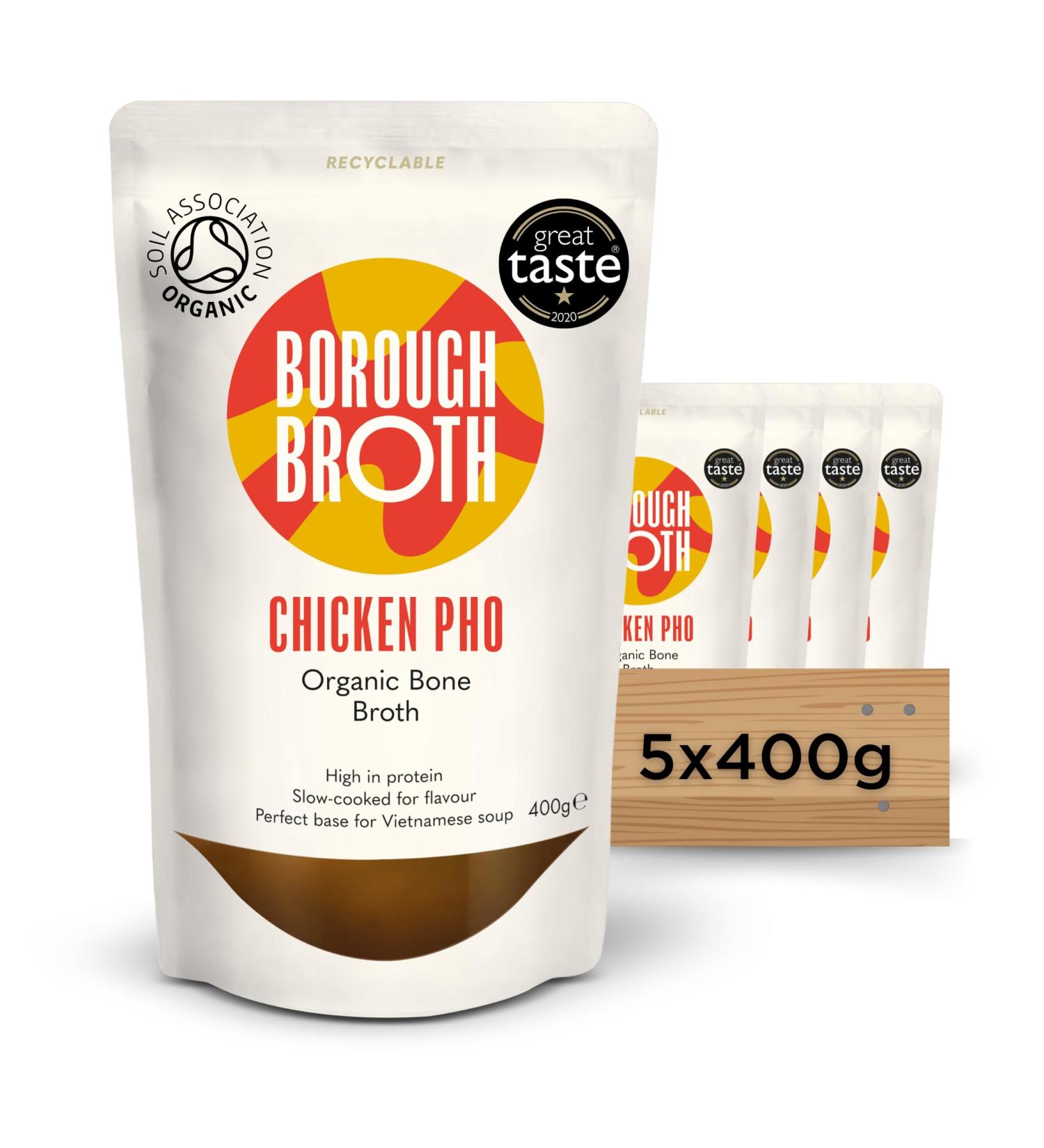Chicken Pho Bone Broth by Borough Broth - 100% Organic Aromatic Broth - Slow Cooked - High in Protein - 52 Cal per Pack - Delivered Chilled - 5 x 400g Chicken Pho 400 g (Pack of 5) - Buy Online on GoSupps.com