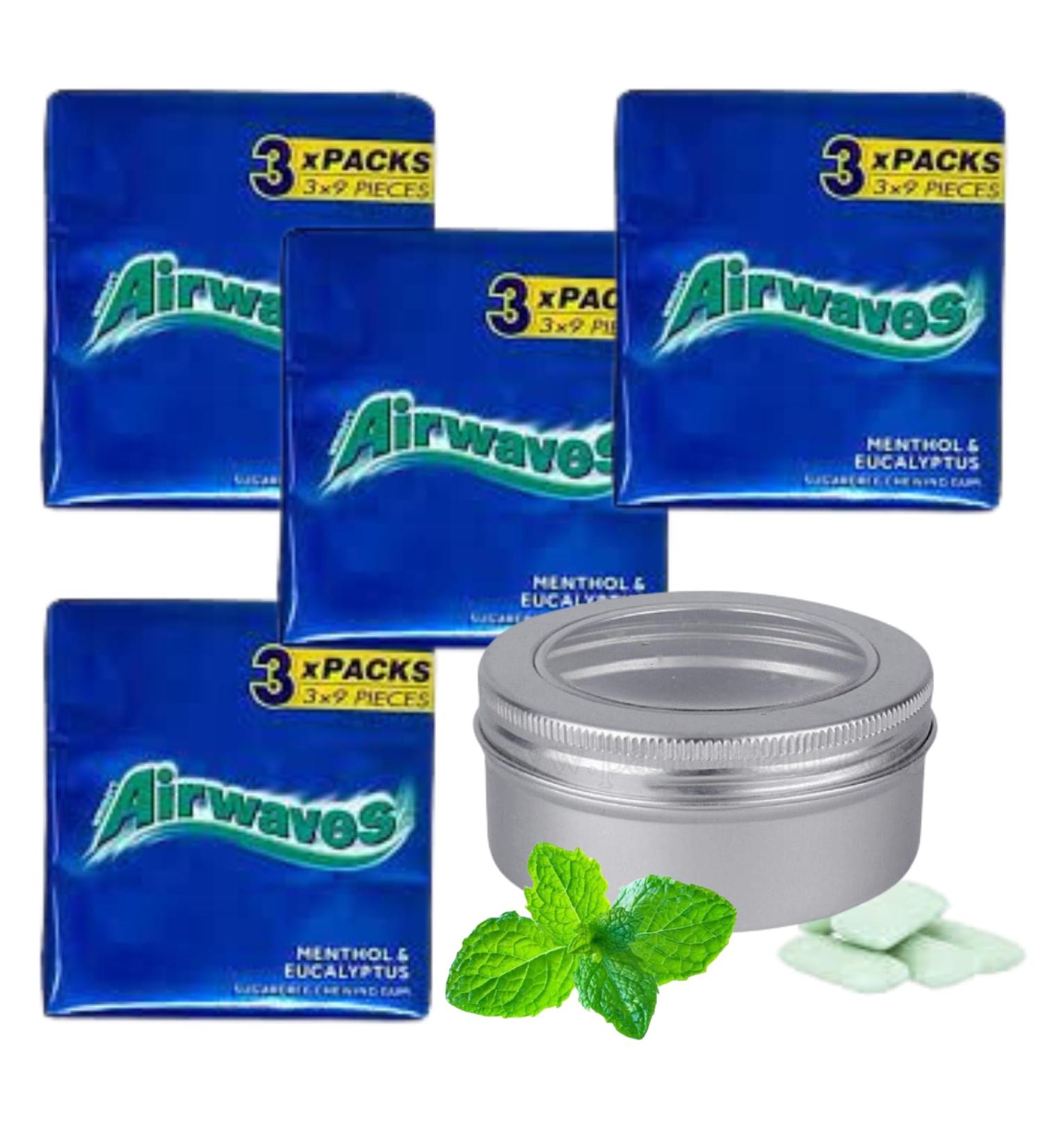 Airwaves Chewing Gum Mint Flavour - 108 Pieces in 4 Packs - Menthol & Eucalyptus Bundle with On-The-Go Silver Window Lid Tin - Cooling and Breath-Freshening for Long-lasting Freshness - Buy Online on GoSupps.com
