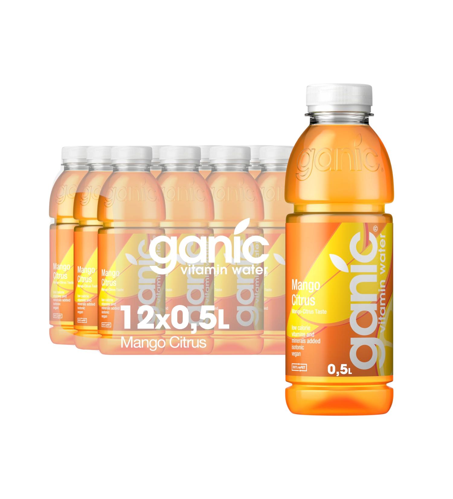 Ganic Mango Citrus Vitamin Water - Low-Calorie Vegan Preservative-Free Rich in Magnesium & Calcium (12 x 500 ml) - International Shipping Available - Buy Online on GoSupps.com