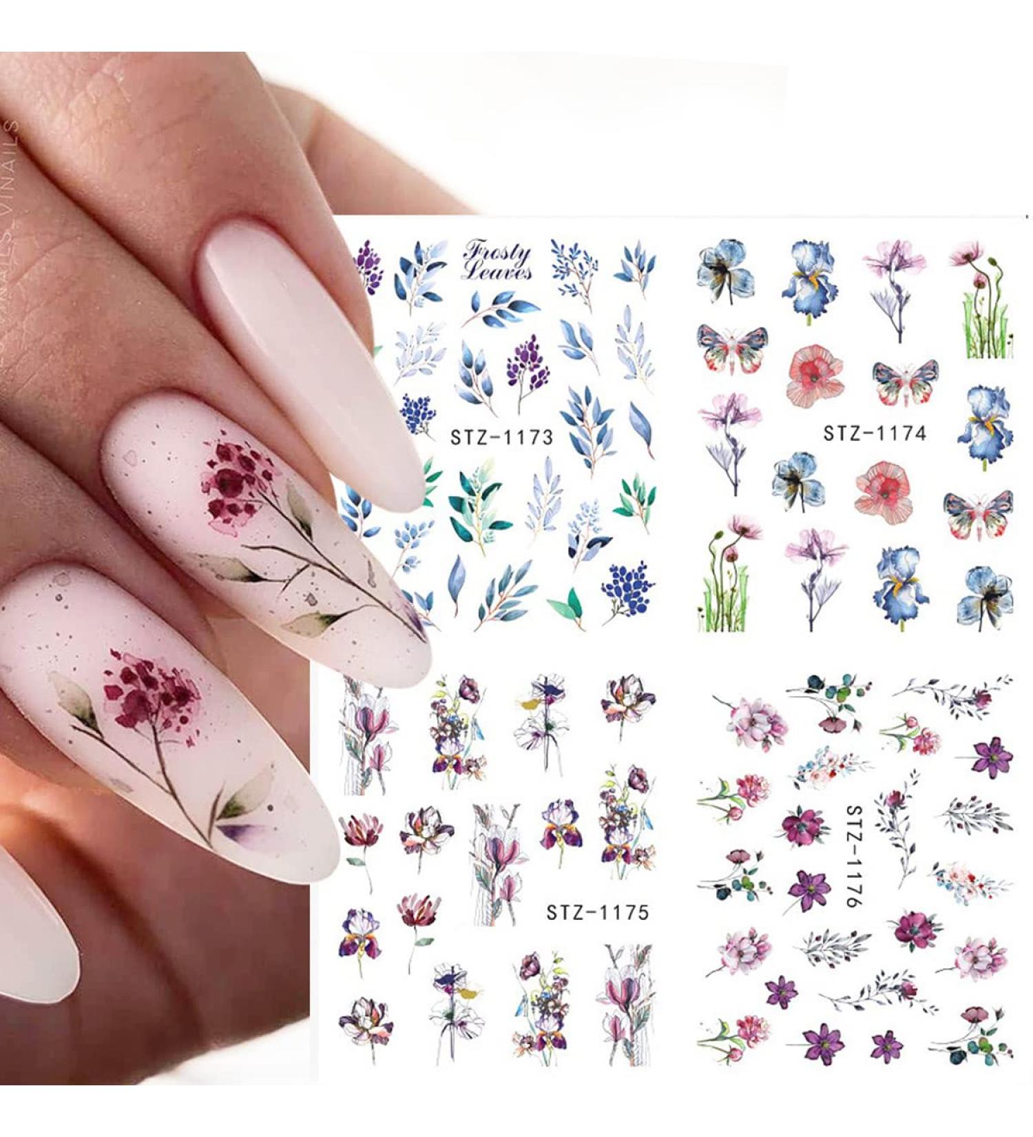 Floral and Butterfly Nail Art Stickers - Watercolor Decals for Women's DIY Manicure - 12PCS - Buy Online on GoSupps.com
