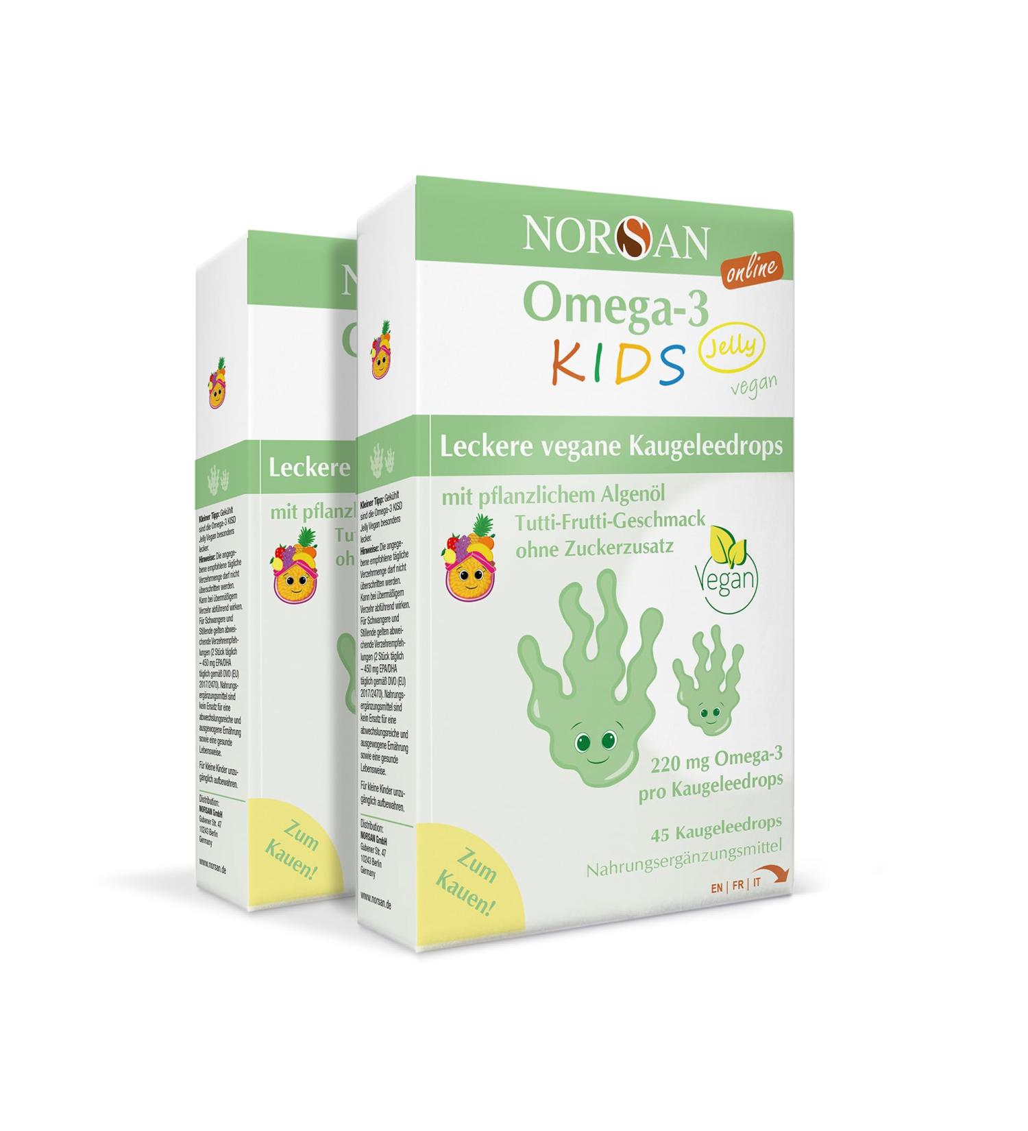 Norsan Omega 3 Vegan Kids Jelly 45 High dose (2x45 pieces)/Omega 3 Vegan high doses 220mg per cheweleedrops/veganes omega 3 with EPA & DHA/OMEGA 3 kids with Tutti-frutti-taste 2x 45 pieces