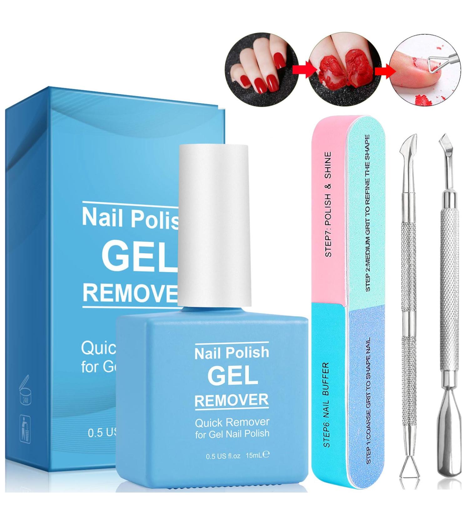 Fast Gel Nail Polish Remover Kit | 7 Way Nail Buffer & Metal Silver Cuticle Pusher | No Foil Needed Quick & Easy | International Shipping - Buy Online on GoSupps.com