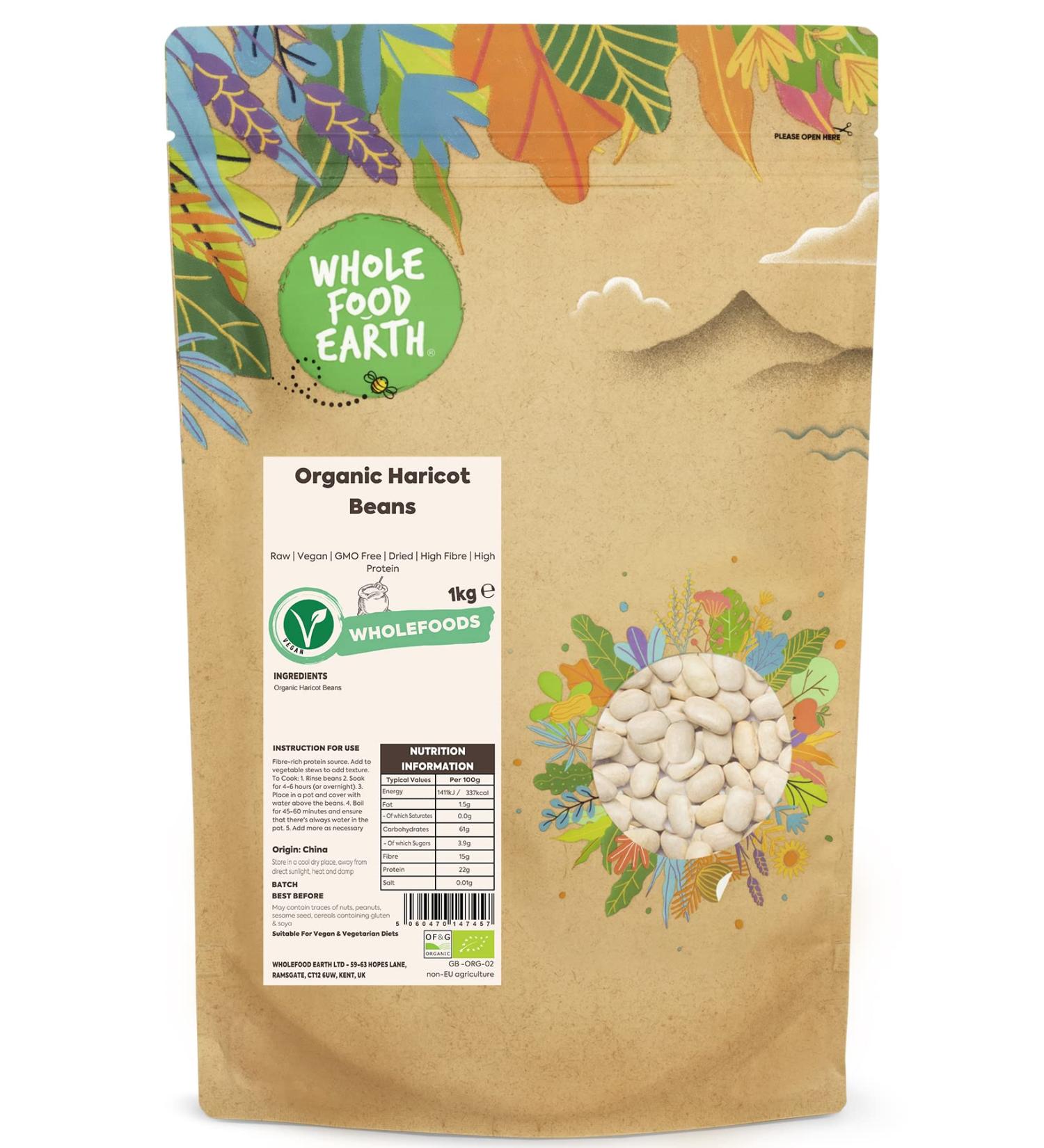 Wholefood Earth Organic Haricot Beans 1kg - Raw, Vegan, GMO Free | High Fibre & Protein | Certified Organic - Buy Online on GoSupps.com