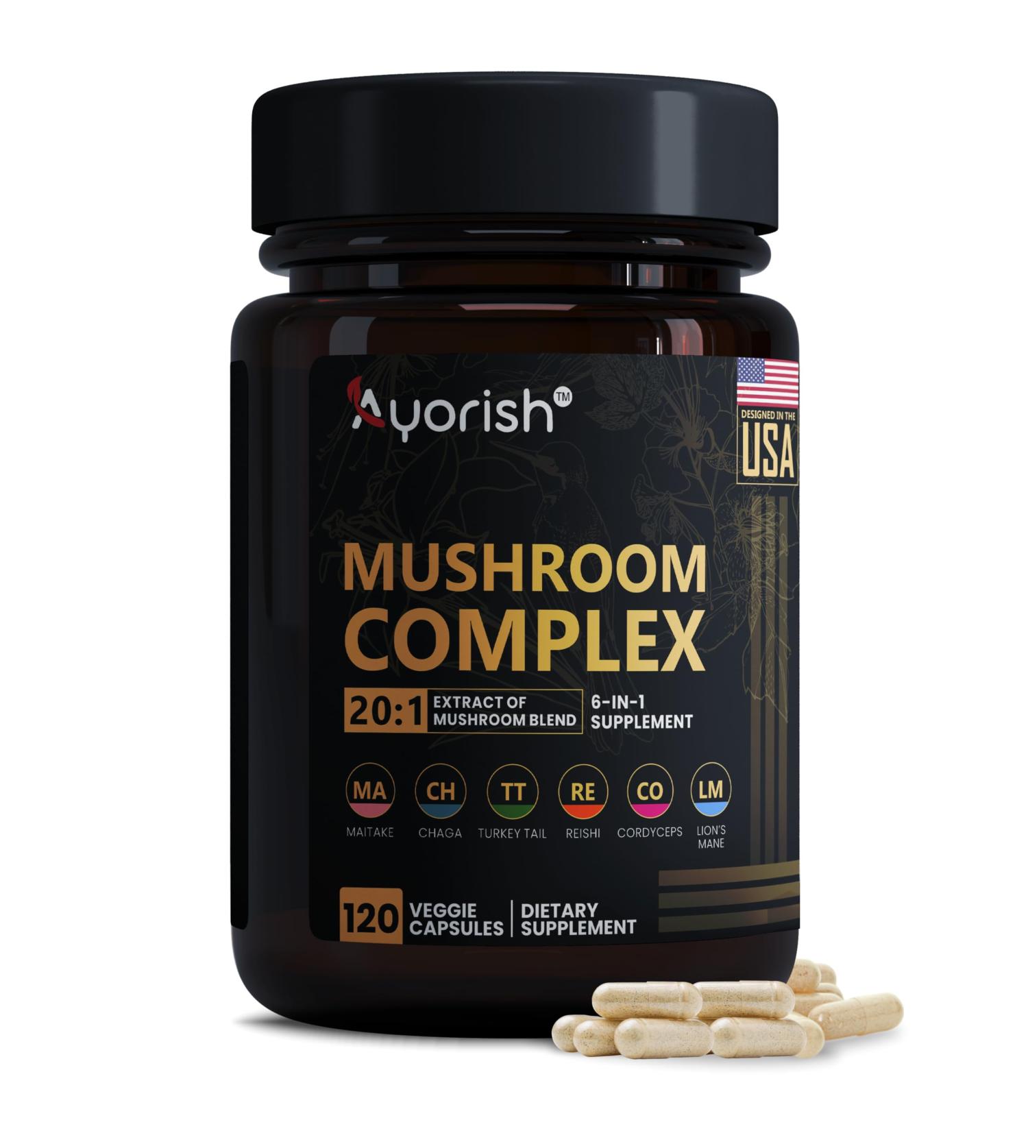 Ayorish Lions Mane 6 in1 Mushroom Supplement with Turkey Tail Reishi Cordyceps Chaga Maitake Meshima Poria Cocos Shiitake Oyster Porcini Enoki 120 Count - Buy Online on GoSupps.com