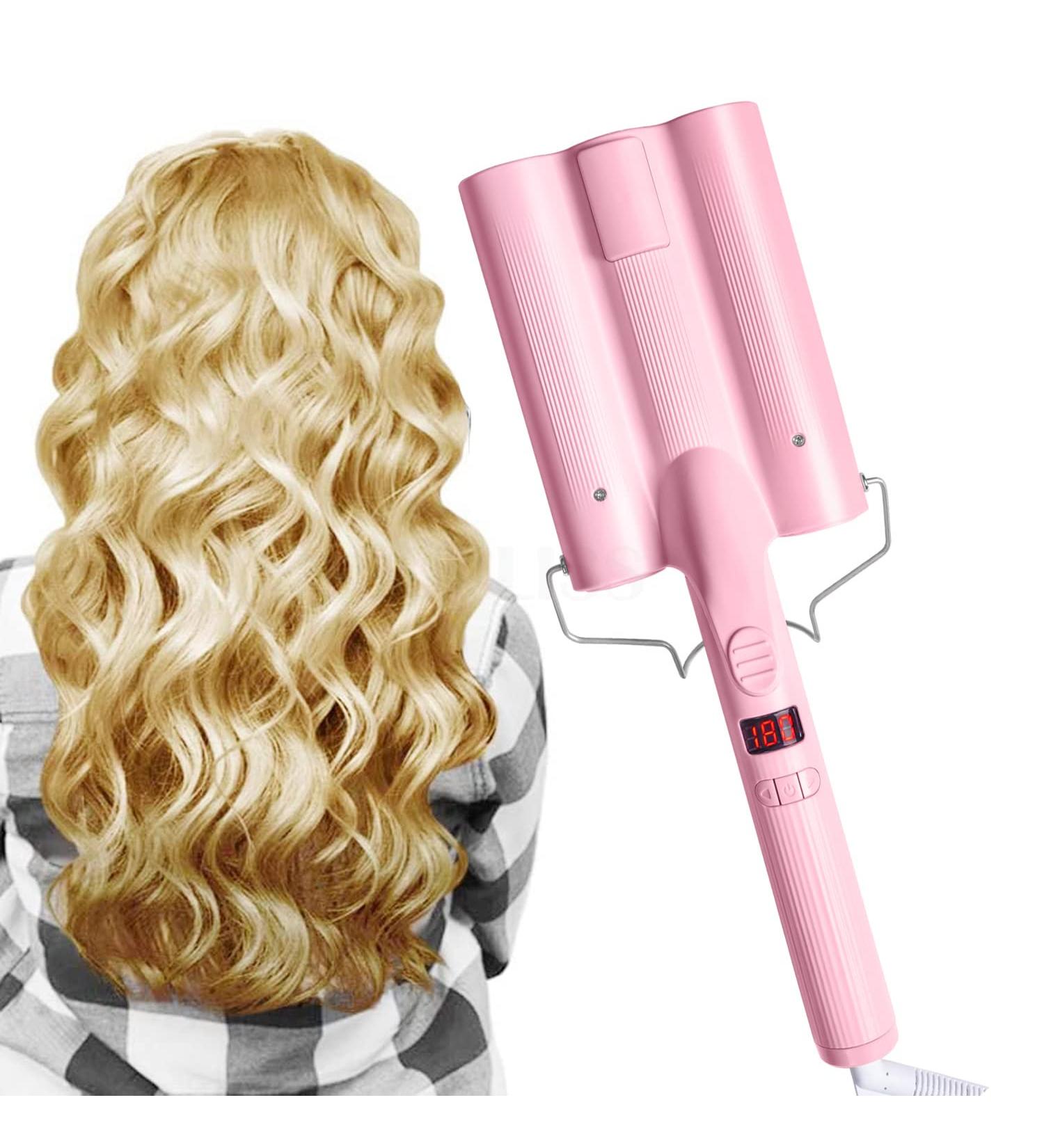 3 Barrel Curling Iron Wand 35mm - Adjustable Temperature Ceramic Hair Curler in Pink for Perfect Waves - Buy Online on GoSupps.com