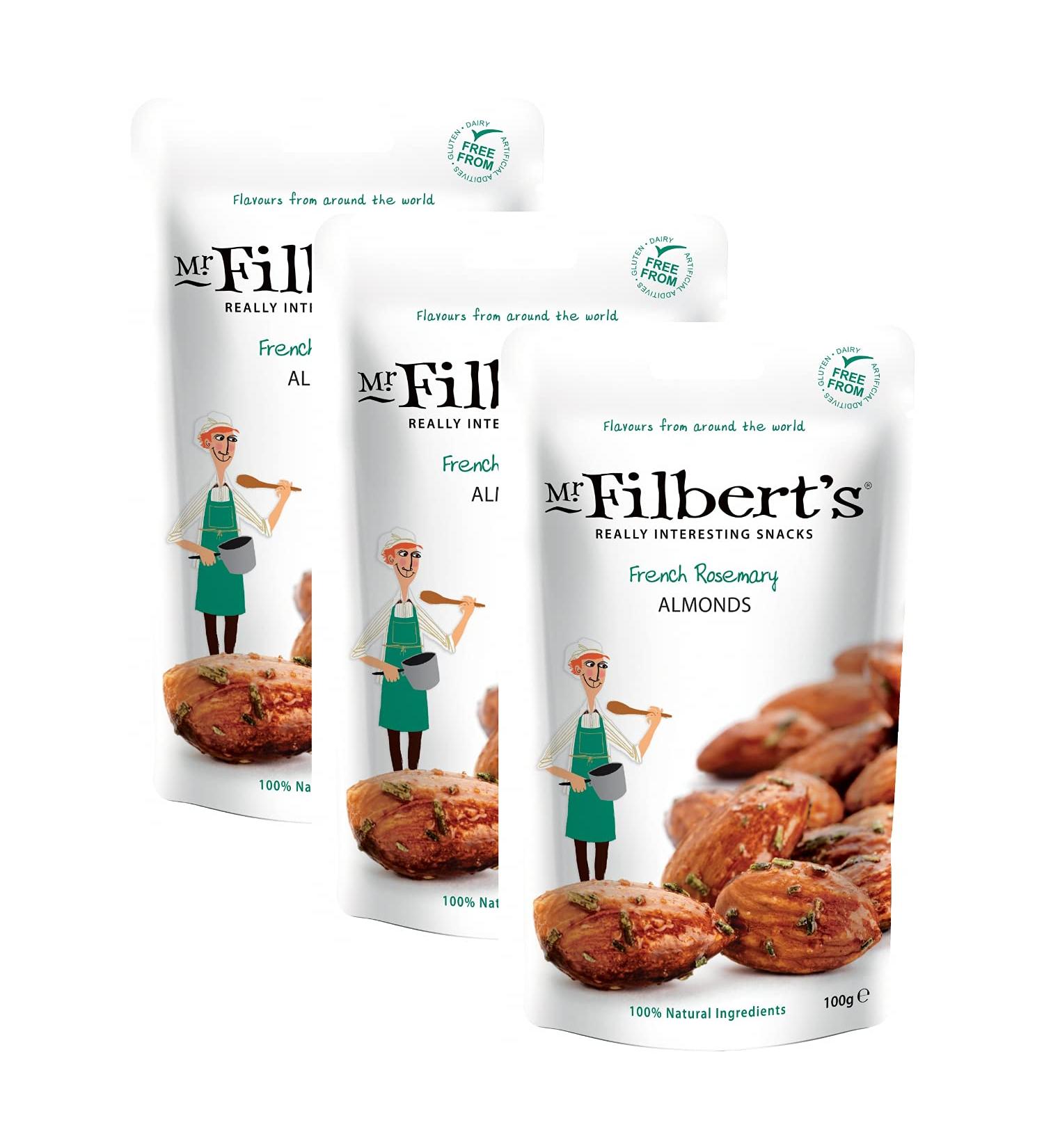Mr Filbert's Fine Foods Rosemary Almonds, Vegan, Dairy Free & Gluten Free, 3 Packs x 100g