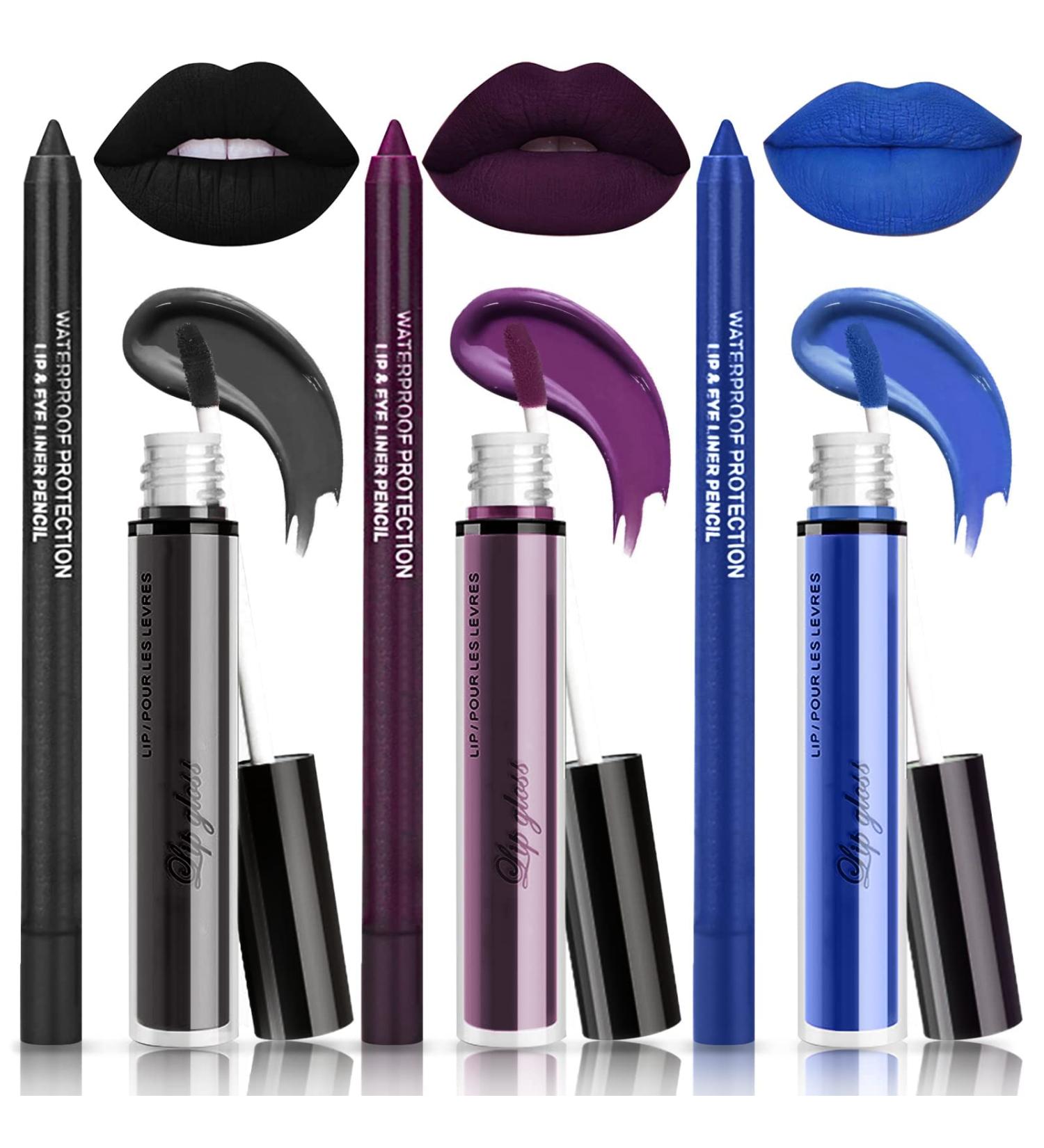 NewBang 3Pcs Dark Lipstick & Lipliner Set - Matte Liquid Lipstick, Lip Gloss & Liner in Black, Blue, Purple - Waterproof, Longlasting - Halloween/Christmas Makeup - 3 Count - Buy Online on GoSupps.com