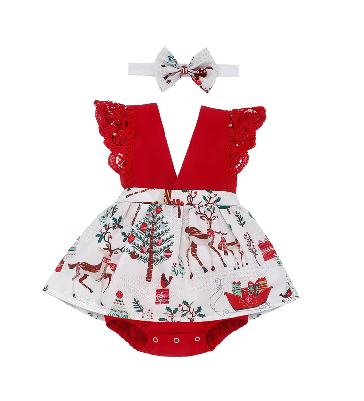 OFIMAN Baby Girl Romper Dress Set | Newborn Lace Floral Outfit | Backless Sunflower Summer Dresses | Christmas Elk | 12-18 Months - Buy Online on GoSupps.com