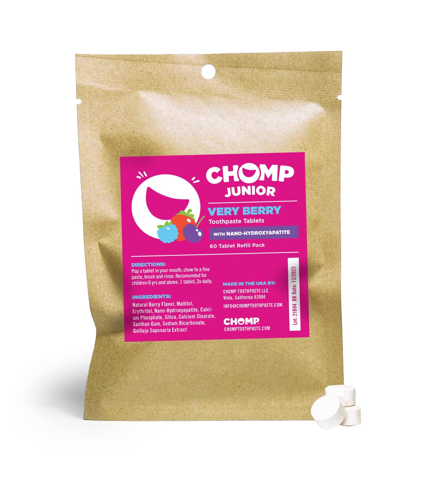 Chomp Junior Very Berry Toothpaste Tablets with Nano Hydroxyapatite Refill - Kids Oral Care - Buy Online on GoSupps.com