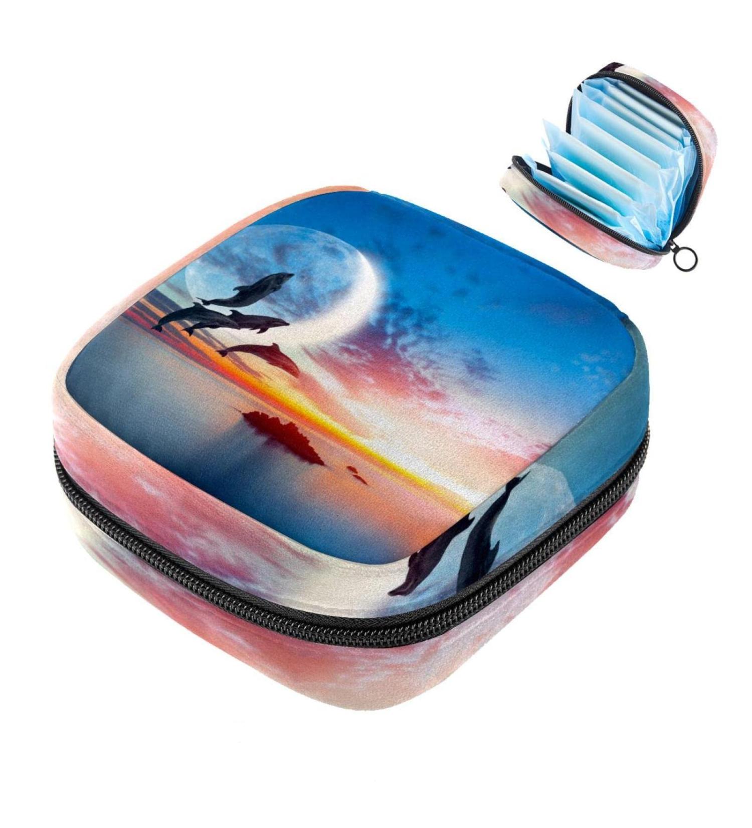 Menstruation Pad Bag with Zipper - Women's Napkin & Tampon Collecting Bag - Beautiful Dolphin Jumping Sea Sunset Design - Buy Online on GoSupps.com