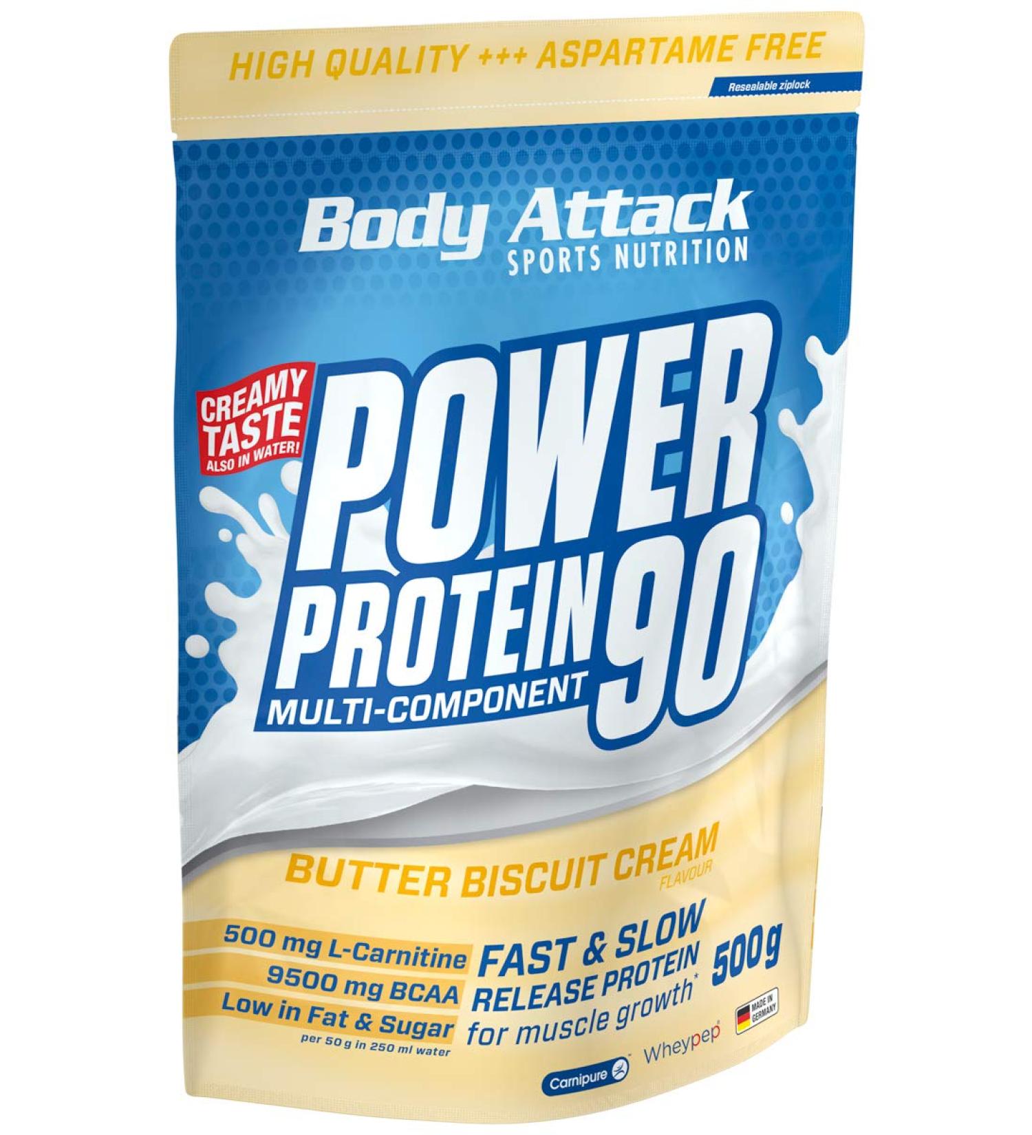 Body Attack Power Protein 90 - Butter Biscuit Cream | 500g Whey Protein Powder with L-Carnitine & BCAA for Muscle Building - Made in Germany - Buy Online on GoSupps.com