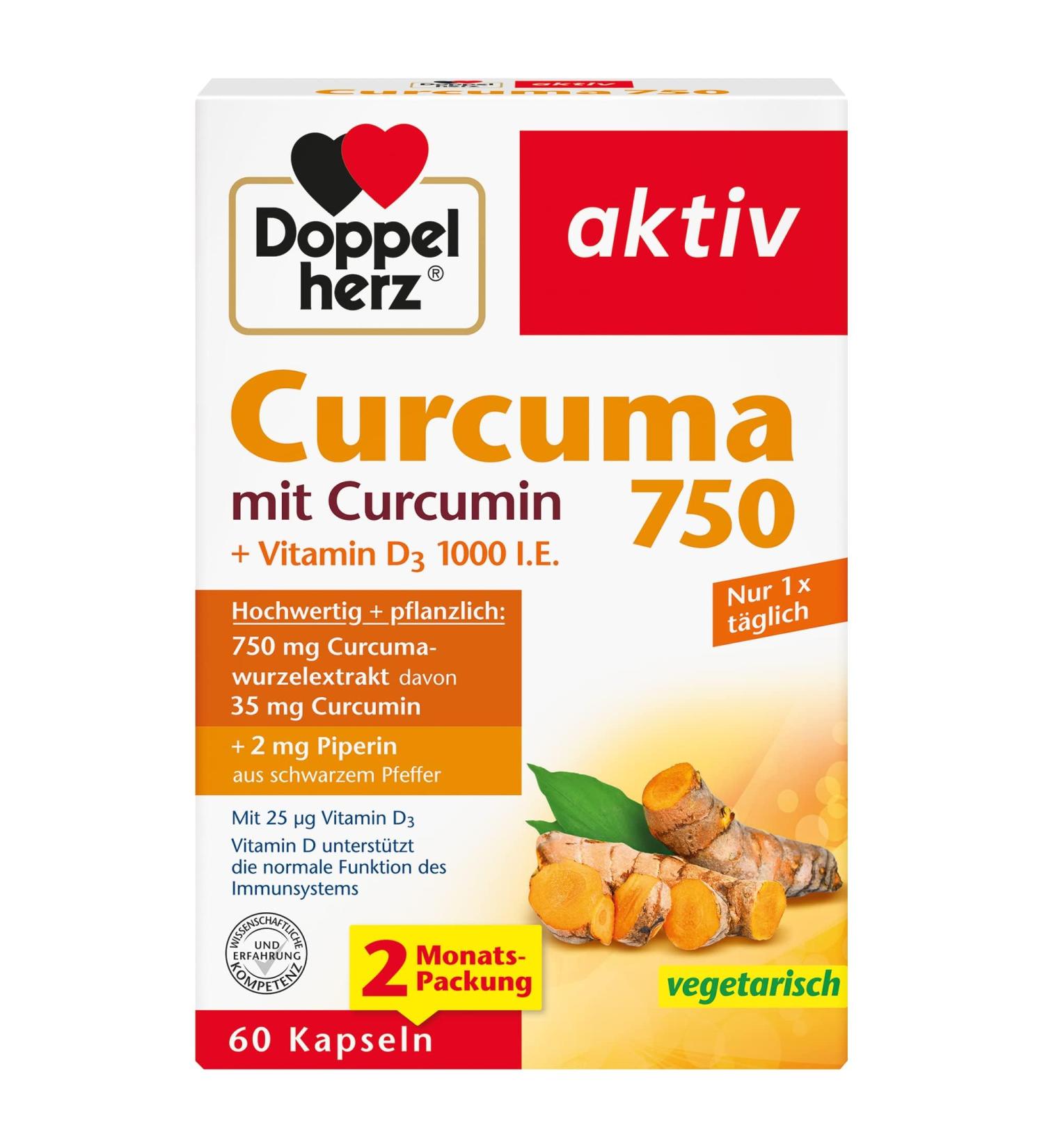 Double Heart Curcuma 750 with Curcumin & Vitamin D3 1000 I.E. - 60 Capsules for Immune Support | International Shipping Available - Buy Online on GoSupps.com