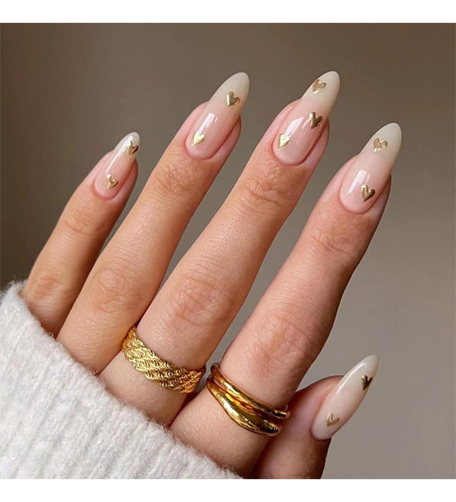 24pcs Almond False Nails with Gold Heart Design - Medium Length Press on Nails for Women and Girls | Removable Glue-on Acrylic Full Cover Fake Nails - Nail Art Accessories - Buy Online on GoSupps.com