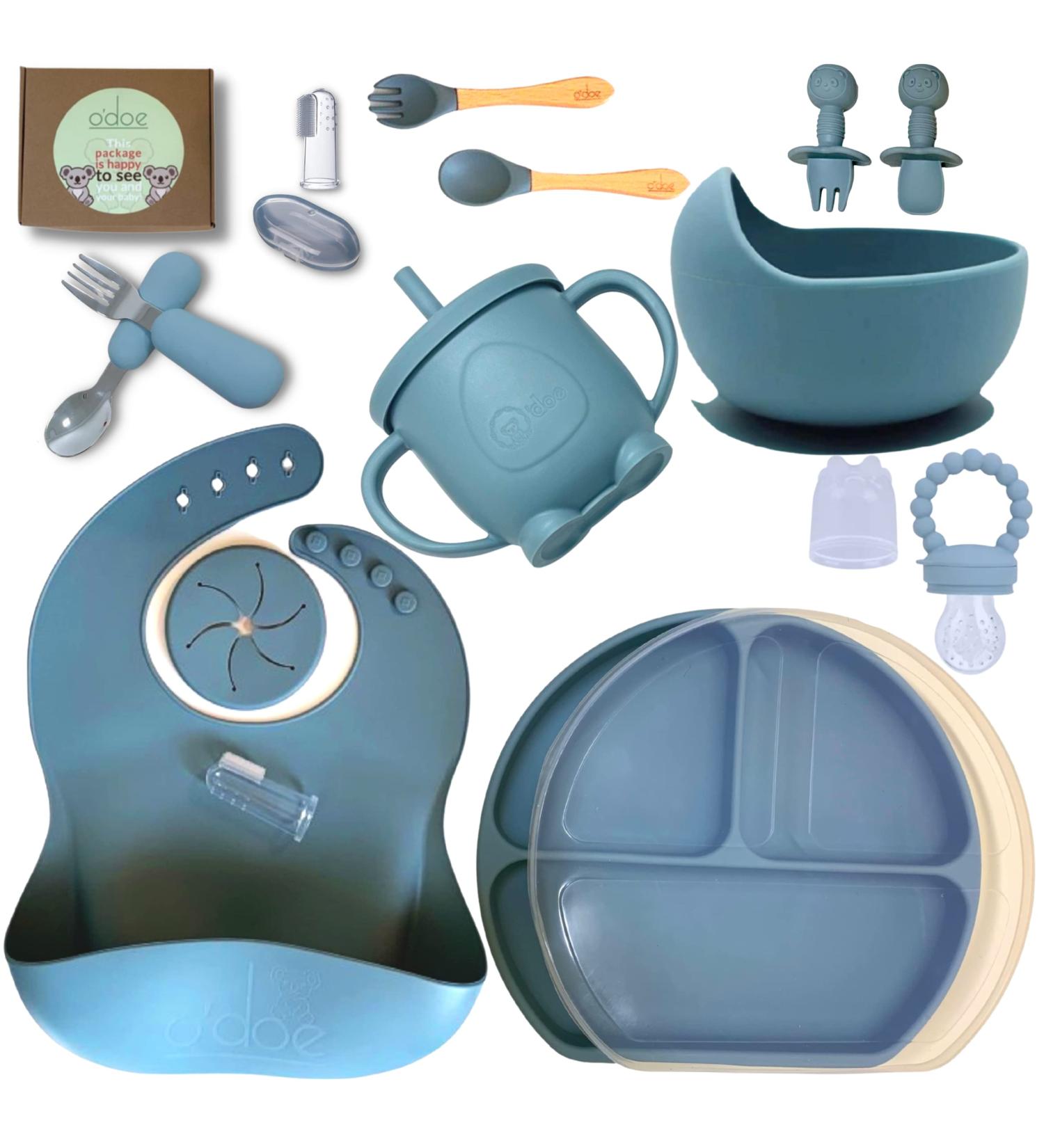 O'doe Baby Led Weaning Feeding Supplies Set (17 Pcs) | Suction Silicone Bowl, Spoons, Bibs, Sippy Cup, Plate Kit - Blue V2 - Buy Online on GoSupps.com