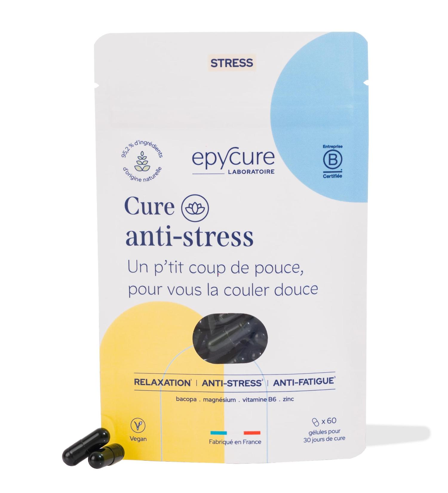EPYCURE - Anti-Stress Cure - Reduces Cortisol Relieves Stress & Nervous Fatigue - 2 in 1-95% Natural Action - Vitamins B6 B9 B12 and Magnesium - 1 Month - Vegan - Made in France - Buy Online on GoSupps.com