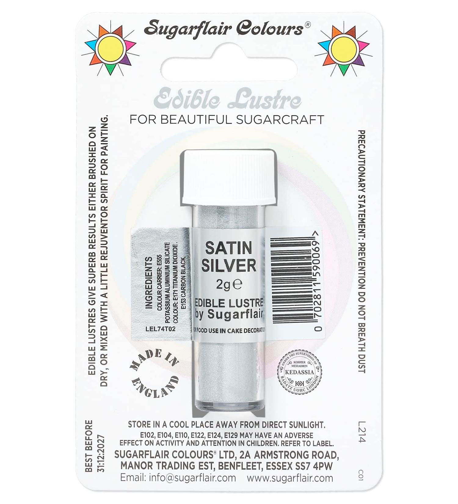Sugarflair Satin Silver Edible Lustre Dust Add a Lustrous Shine to Cakes or Decorations. Brush On or Add Rejuvenator to Create Eye-Catching Edible Paint Gives Shine to Your Bakes - 2g