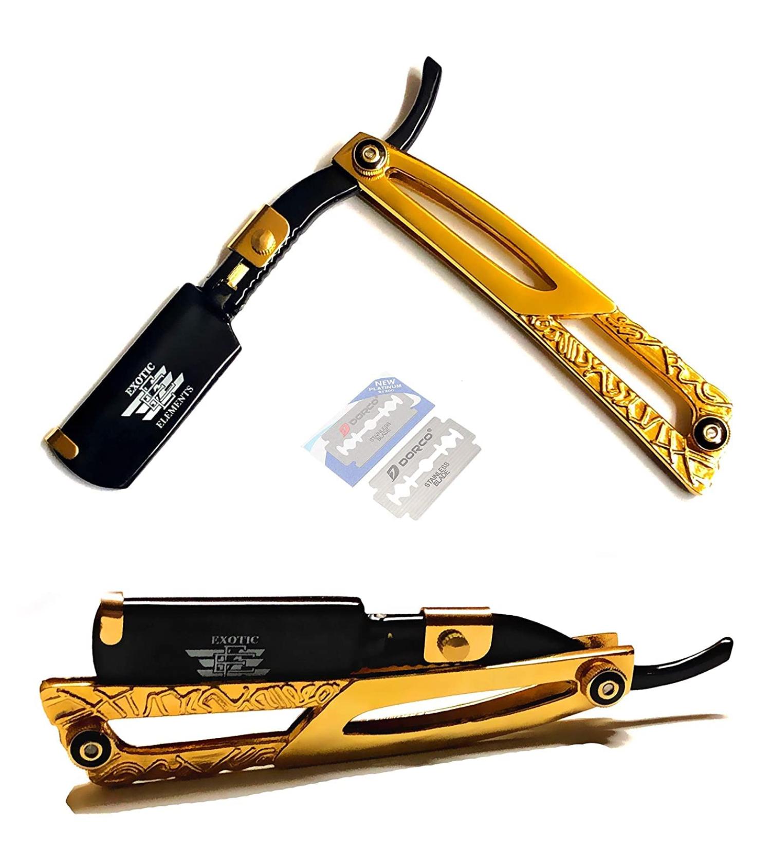 Gold and Black Pro Barber Shop Straight Edge Shaving Razor Cutting Hair Beard Mustache Eyebrow Folding Knife Cutthroat Lightweight Hair Shaving Razor