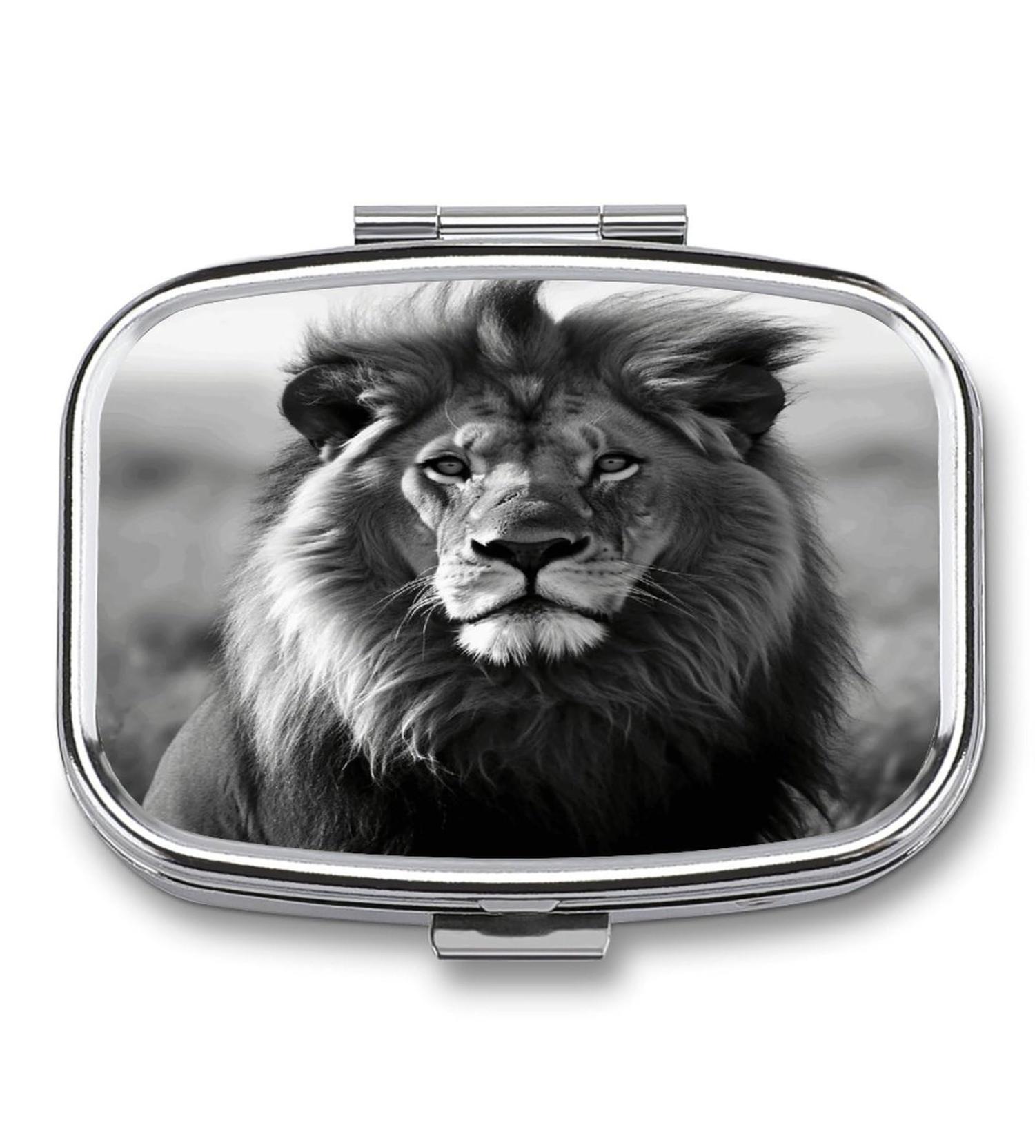 Stylish African Lion Pill Box | Black & White 2 Compartment Organizer | Portable Medicine Case for Pocket or Purse - Buy Online on GoSupps.com