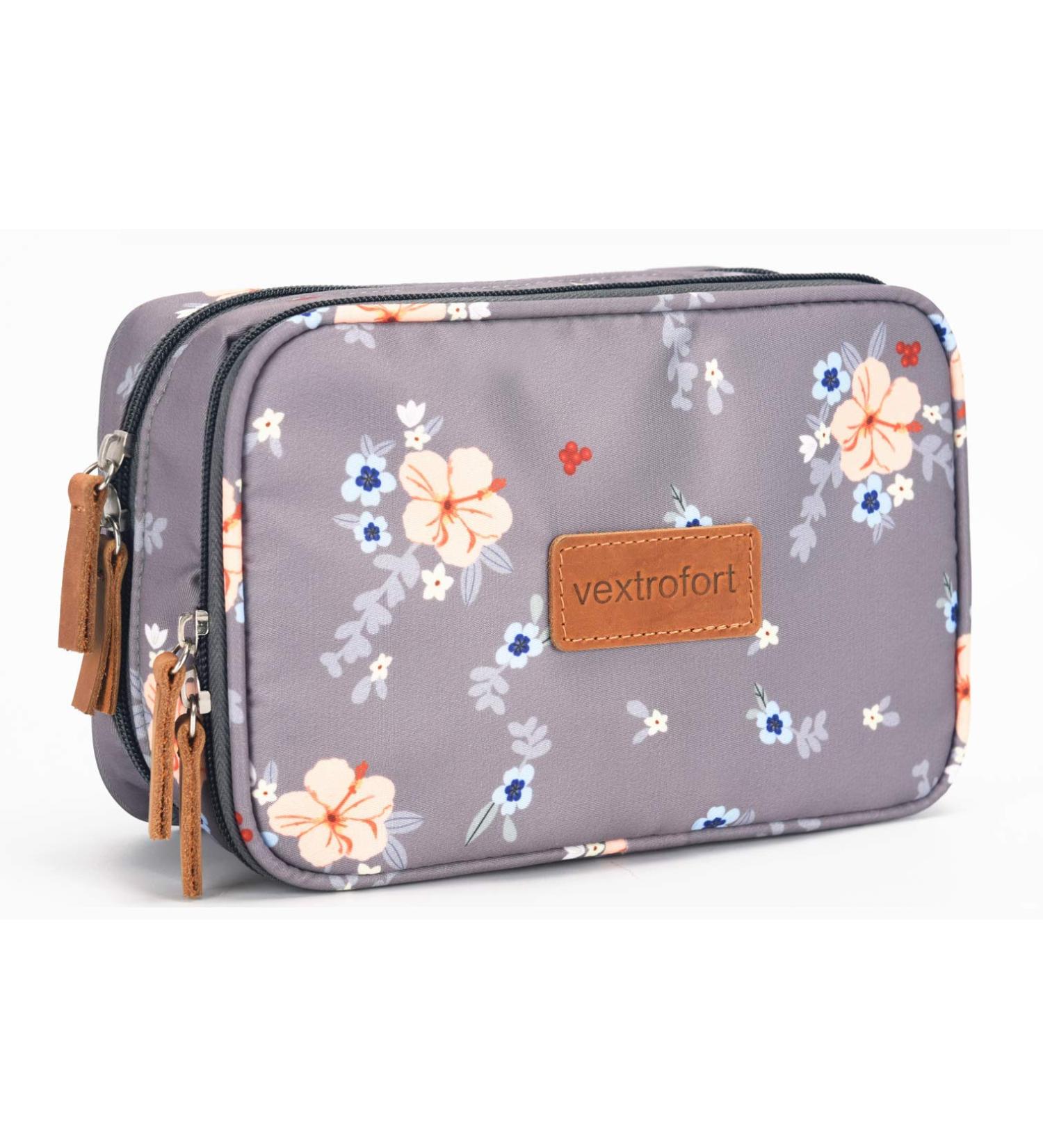 Small Gray Makeup Bag with Brush Organizer - Waterproof Cosmetic Bag for Purse Travel - Women's Toiletry Bag with Detachable Handle - Buy Online on GoSupps.com