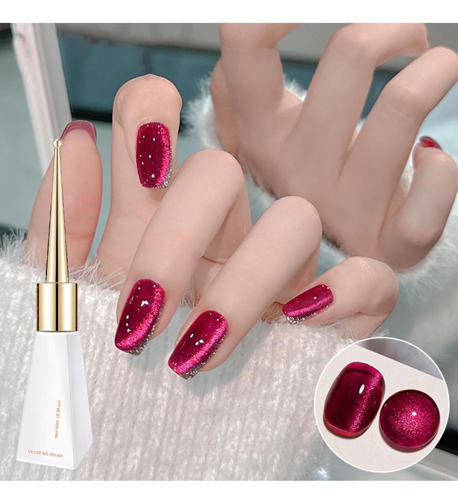 Jelly Cat Eye Gel Nail Polish Rose Red Glitter Crystal Gel Polish Shiny Magnetic Nail Polish Soak Off UV/LED Sparkle Red Wine Holographic Cat Eye Gel Polish for Nail Art Salon DIY at Home - Buy Online on GoSupps.com