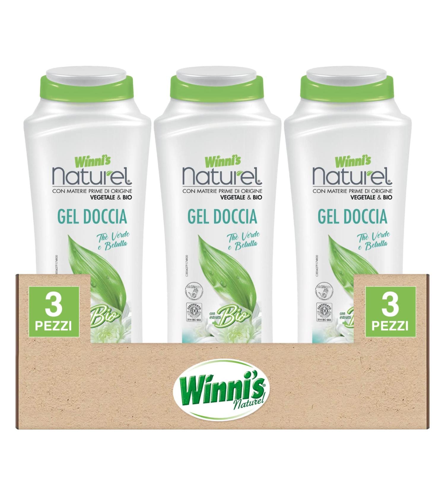 Winni's Winni's Natural Hypoallergenic Organic Shower Gel for Hygiene and Gentle Skin Care Dermocompatible for Sensitive Skin Green Tea and Birch Fragrance 3 Bottles of 250 ml