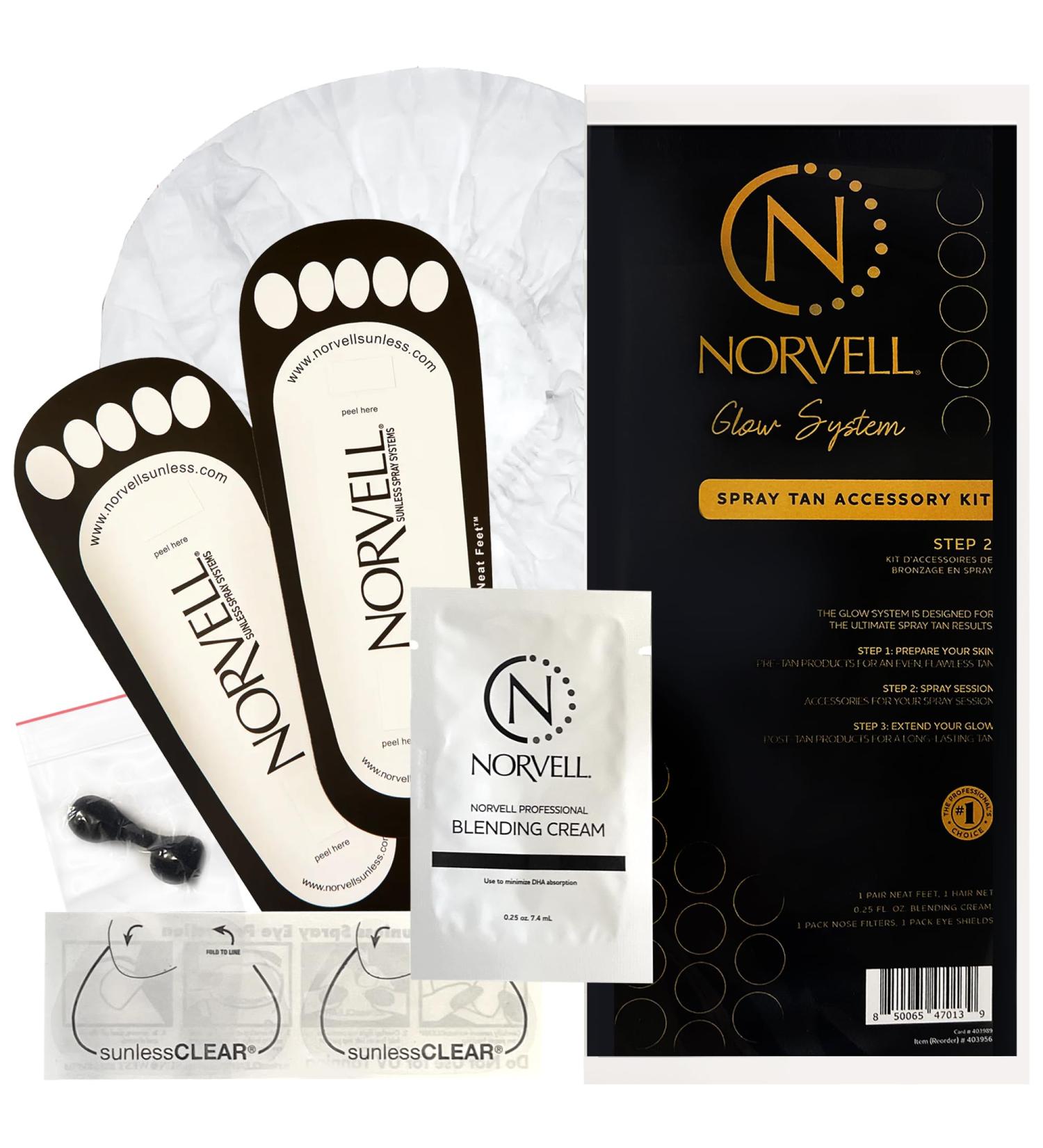Norvell Spray Tan Accessory Kits Tanning Essentials Single-Use Kits with Spray Tan Feet Pads Hair Nets Nose Filters Eye Protectors & Blending Cream (10 Single-Use Kits) - Buy Online on GoSupps.com