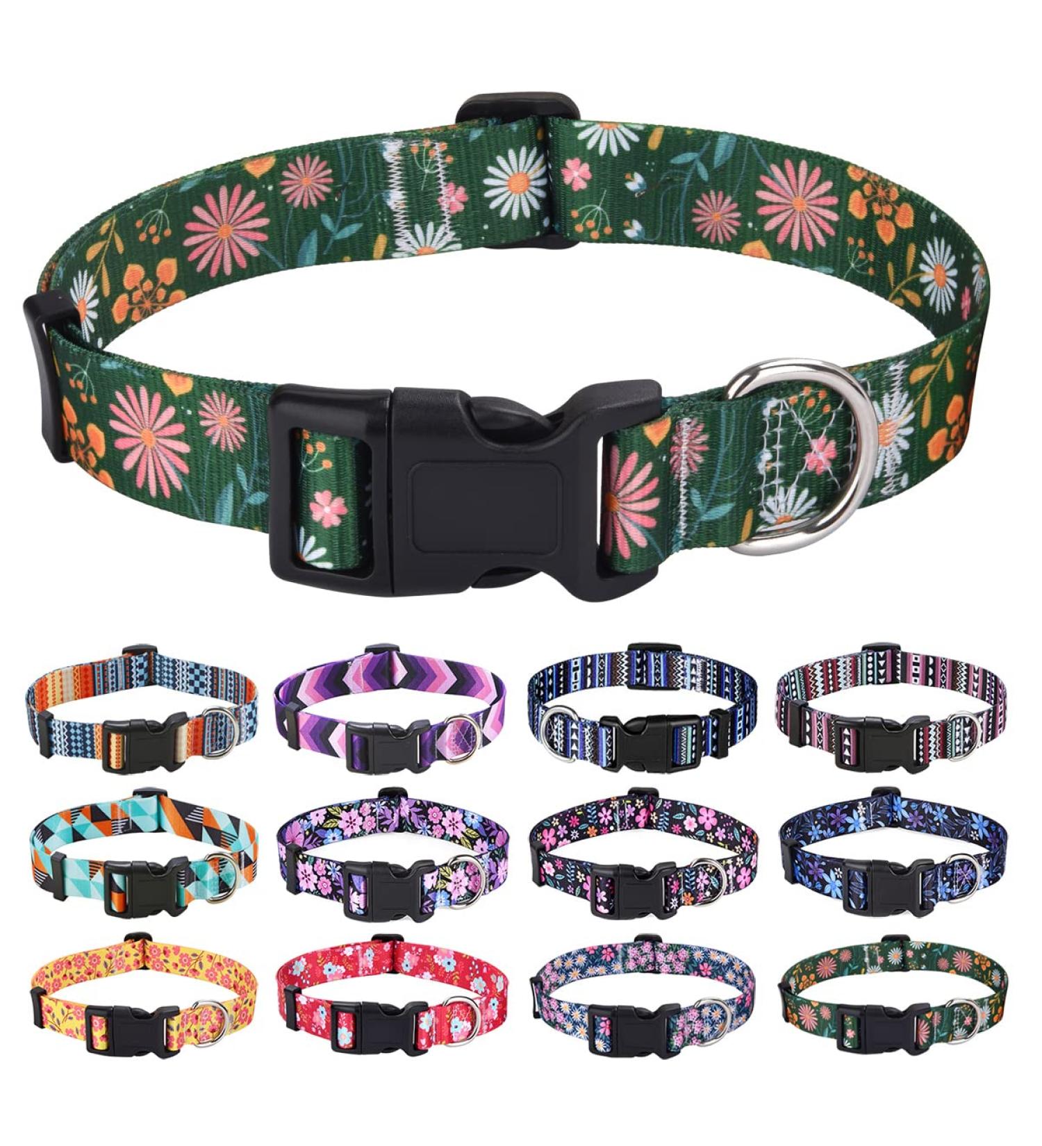 Mihqy Adjustable Dog Collar - Soft Nylon for Small & Medium Dogs XS (20-30 cm Neck) - Dark Green Flower Design - Buy Online on GoSupps.com