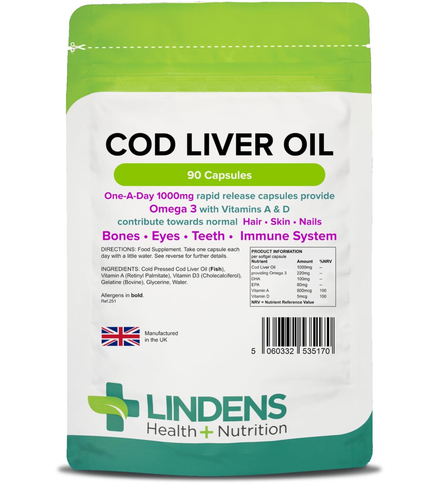 Lindens Cod Liver Oil 1000mg Capsules - 90 Pack - High in Omega 3 Vitamins A & D Contributes Towards Normal Skin Hair Nails Bones Eyes Teeth Brain & Immune System - UK Manufacturer Letterbox Friendly - Buy Online on GoSupps.com