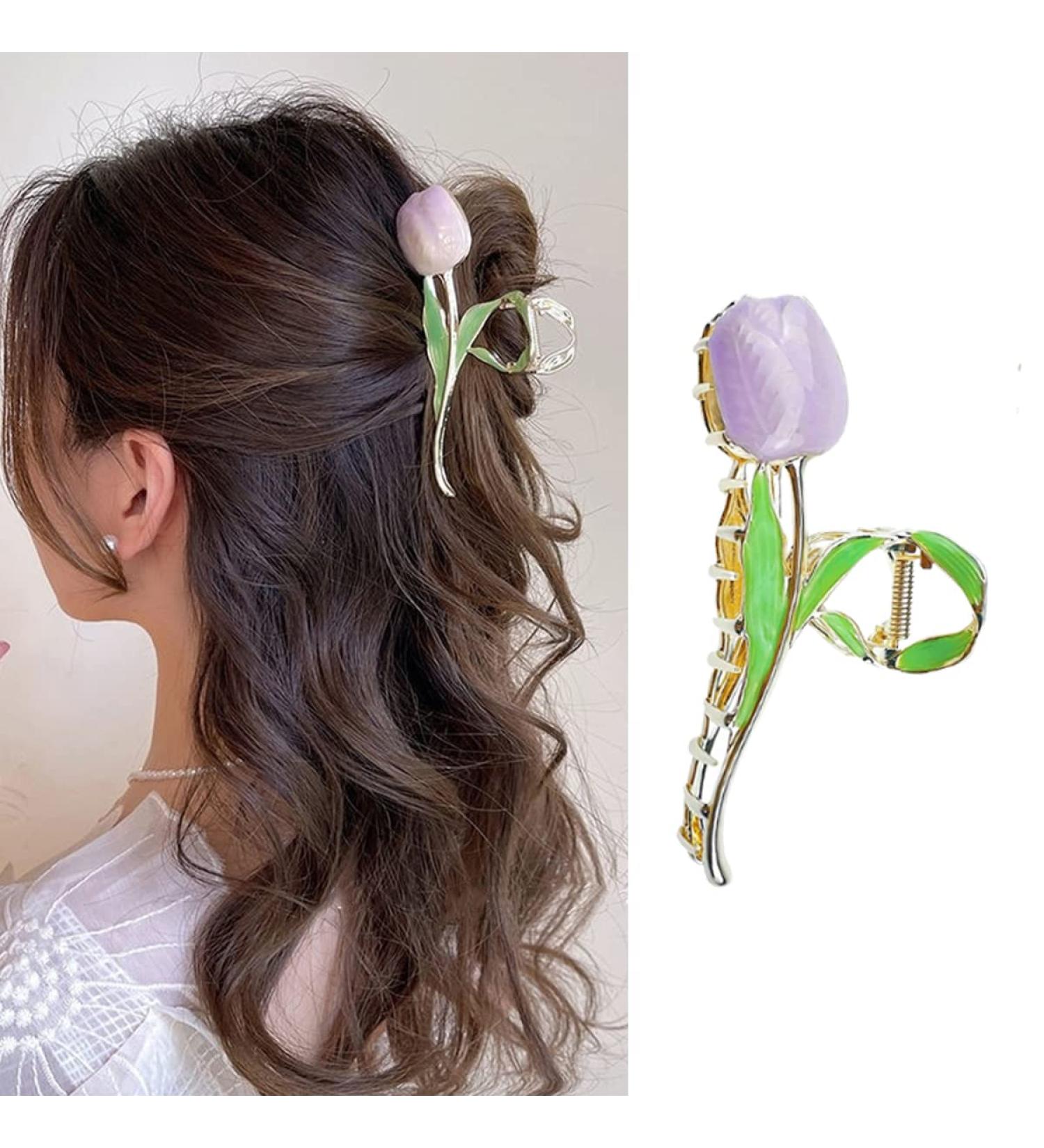 Large Purple Tulip Hair Claw Clip - Non-Slip Metal Hair Accessory for Thick and Thin Hair - Buy Online on GoSupps.com