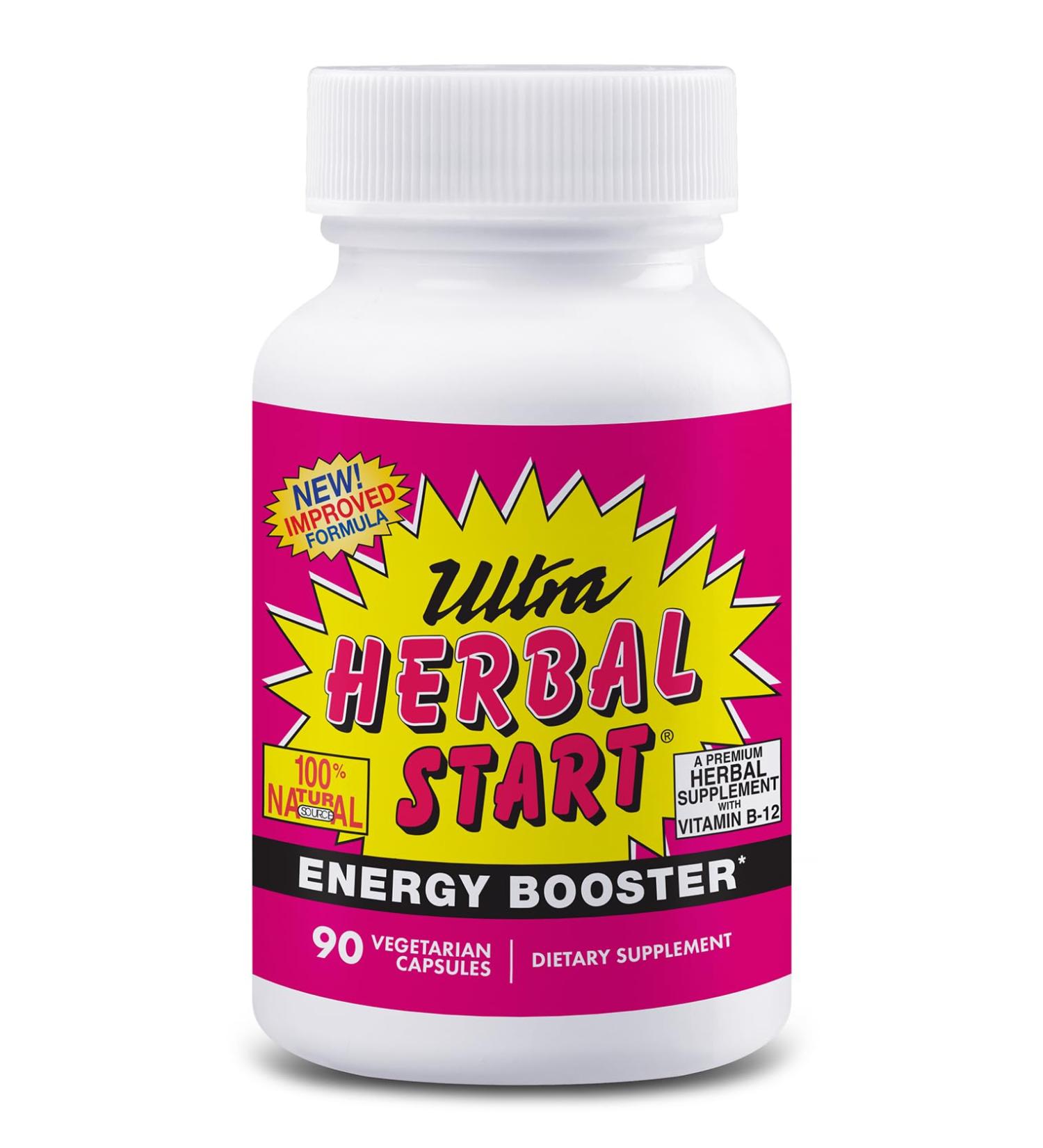 Ultra Herbal Start Energy Booster - with B-12 Panax Ginseng Yerba Mate Kola Nut Spirulina & Echinacea | Promotes Natural Boost of Energy Stamina & Endurance | Supplement - 90 Capsules