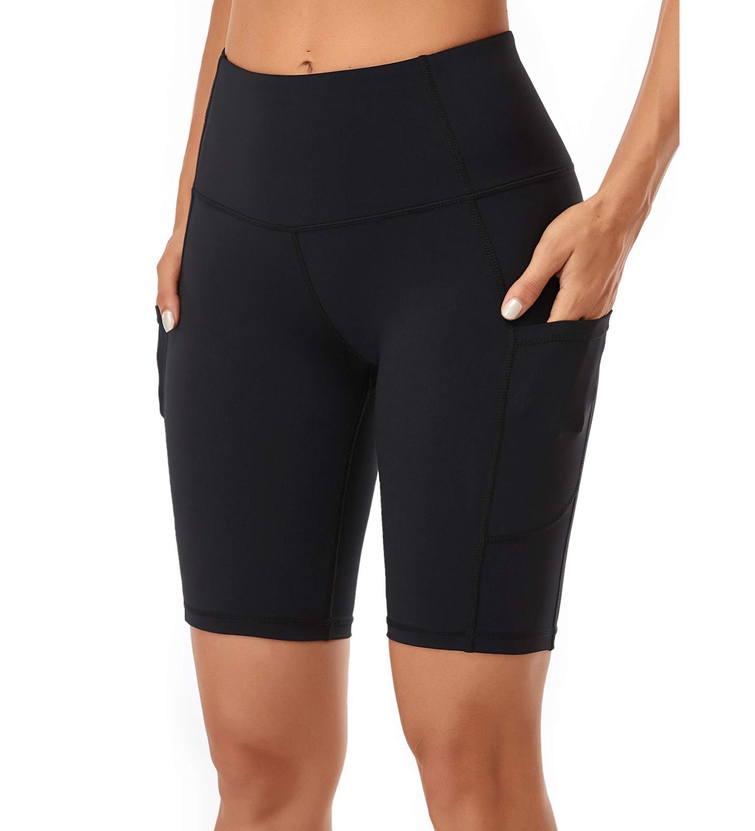 Oalka Women's High Waist Yoga Shorts with Side Pockets - Black Large - Buy Online on GoSupps.com