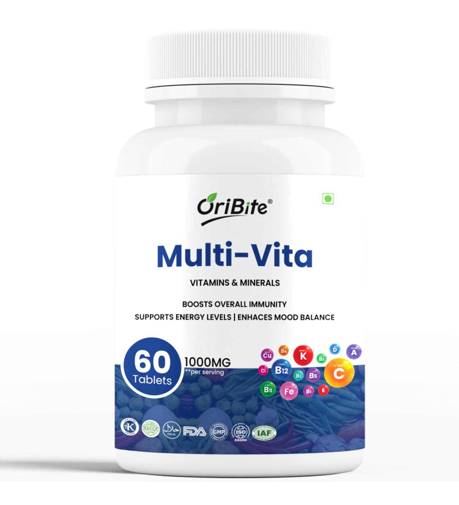 ORIBITE Multi-Vita Multivitamin 1000mg 19-in-1 Vitamins & Minerals with Vitamin C D3 B12 Zinc & Magnesium | Supports Energy Immunity Mood & Daily Wellness | Non-GMO Vegetarian 60 Tablets - Buy Online on GoSupps.com