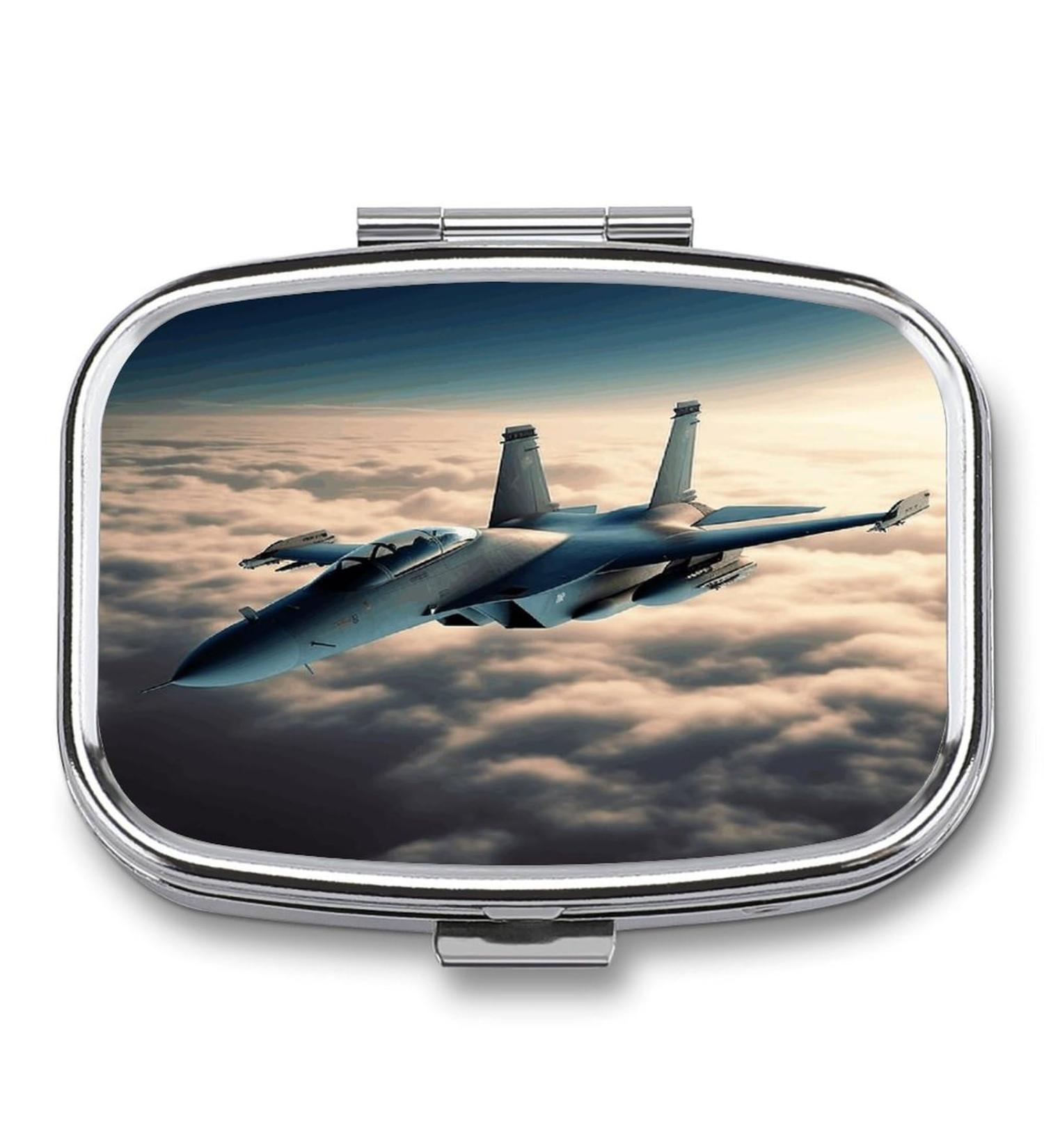 Pill Box with Fighter Jets Print | 2 Compartment Metal Pill Organizer for Pocket & Purse - Buy Online on GoSupps.com