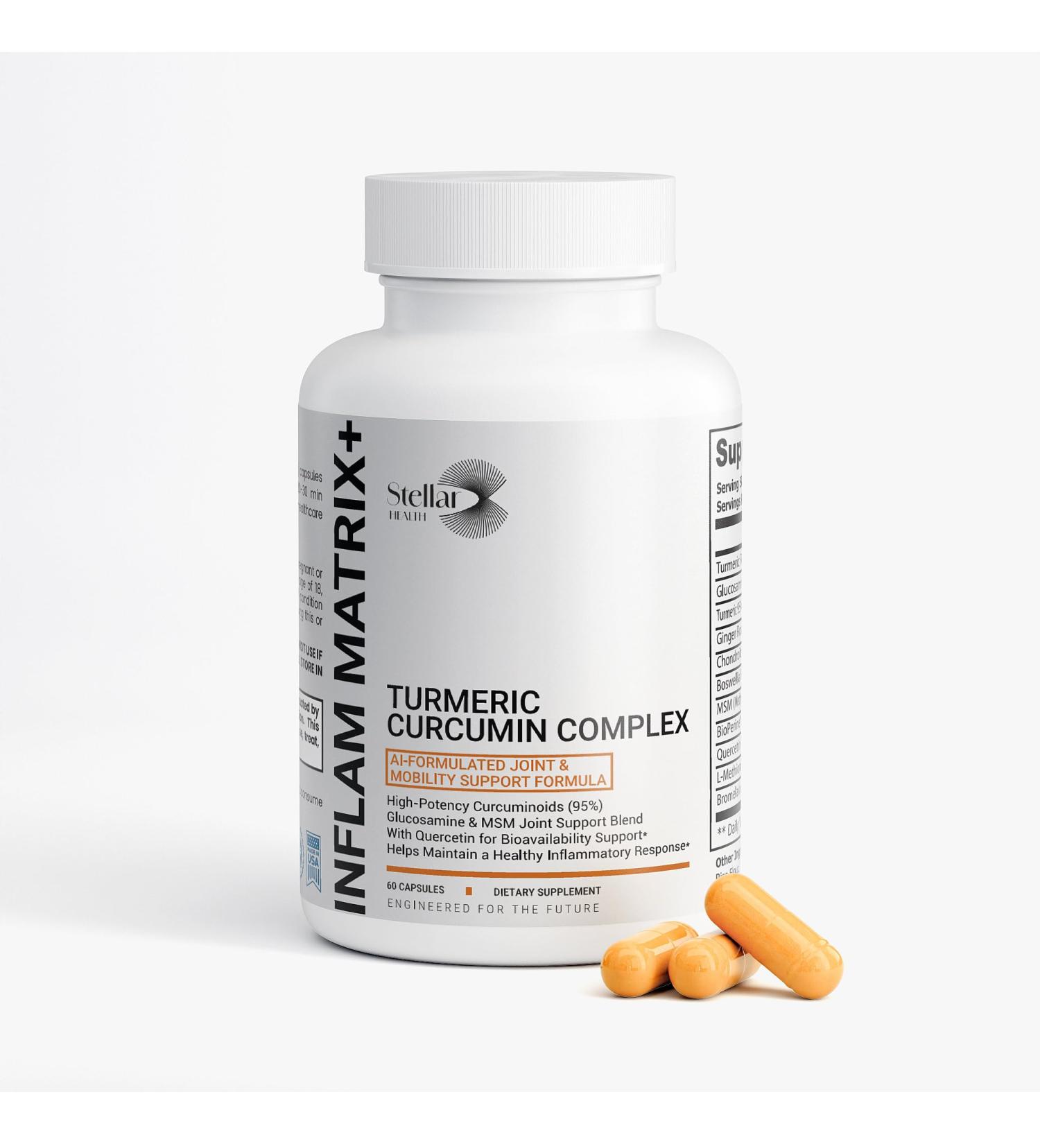 Stellar Health Inflam Matrix+ Turmeric Curcumin Supplement with BioPerine Glucosamine Sulfate Chondroitin MSM Ginger Root Boswellia Extract Joint Support 60 Turmeric Capsules - Buy Online on GoSupps.com